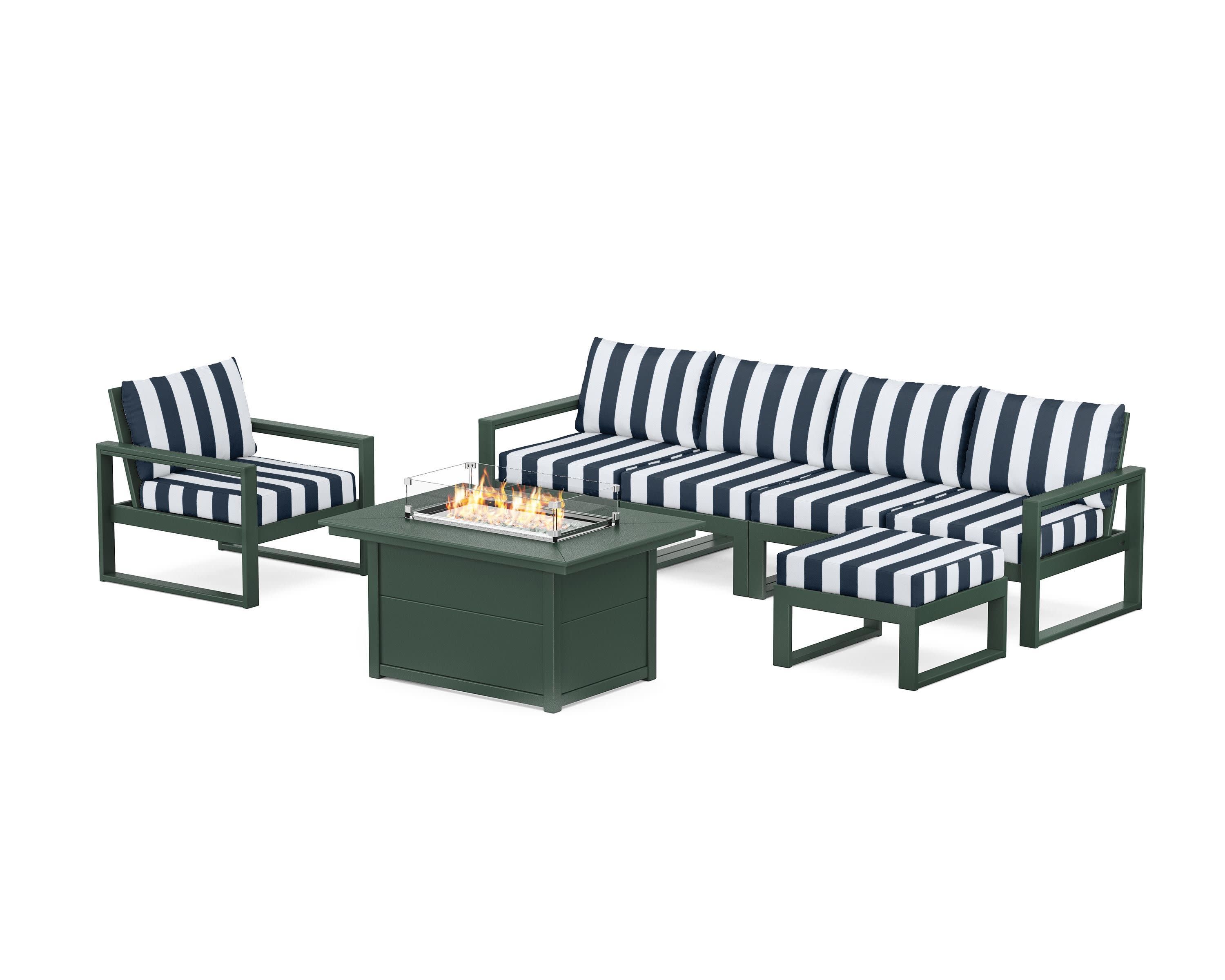 EDGE Sectional Lounge and Fire Pit Set in Green / Cabana Stripe Marine Indigo