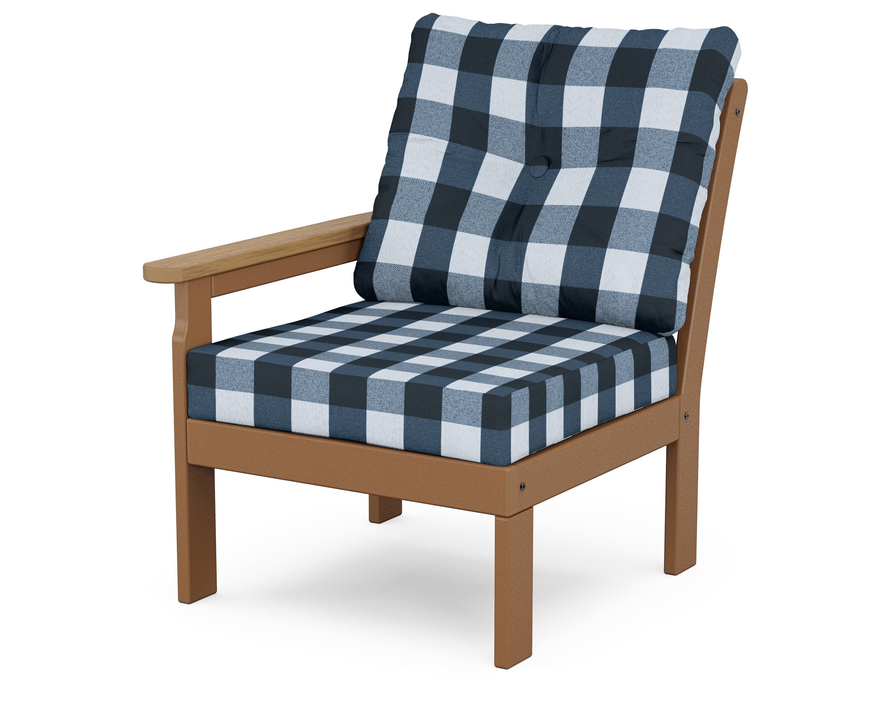 Vineyard Modular Left Arm Chair in Teak / Natural / Buffalo Plaid Marine Indigo