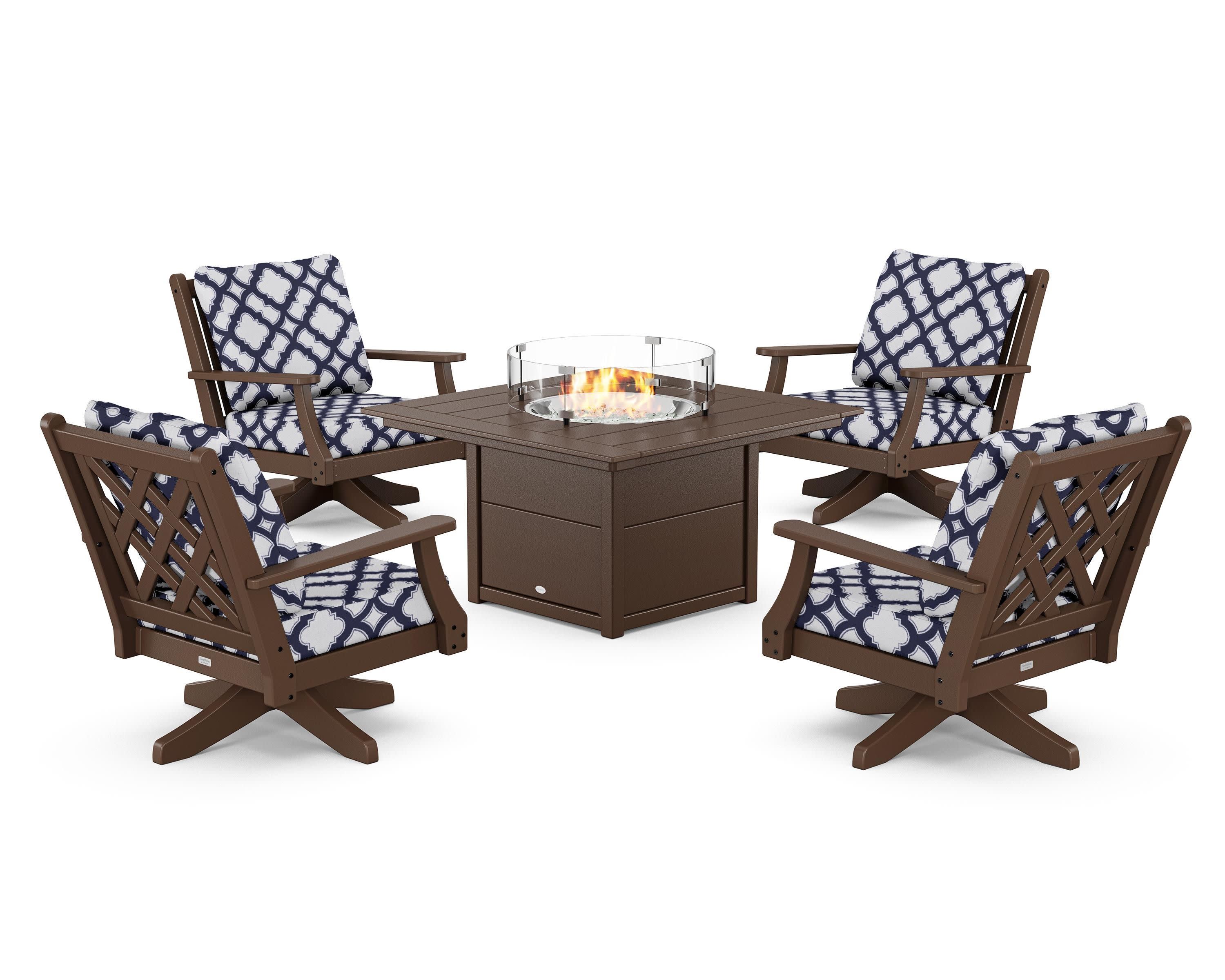 Wovendale 5-Piece Deep Seating Swivel Conversation Set with Fire Pit Table in Mahogany / Trellis Navy