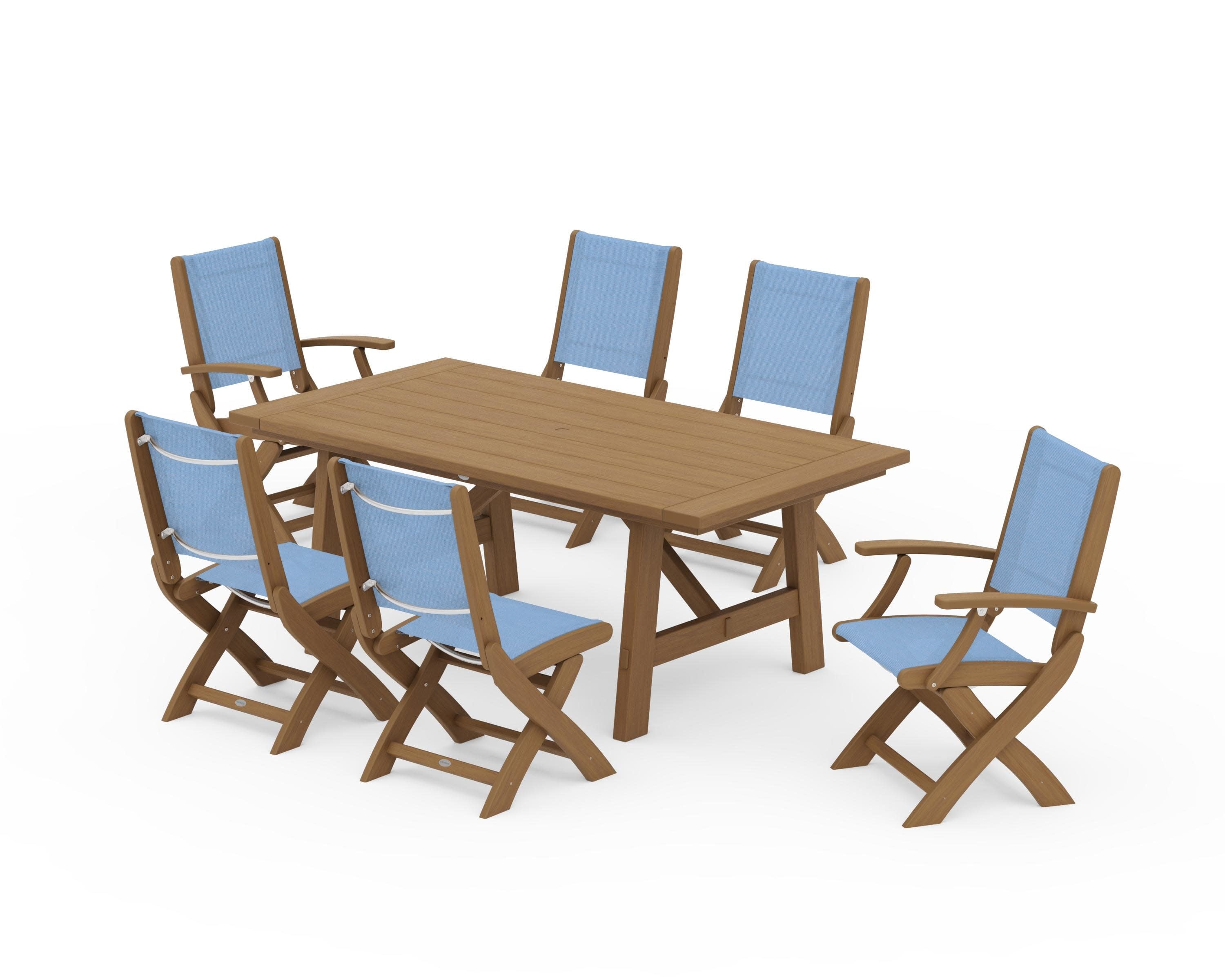 Coastal Folding Chair 7-Piece Rustic Farmhouse Dining Set in Natural / Poolside Sling