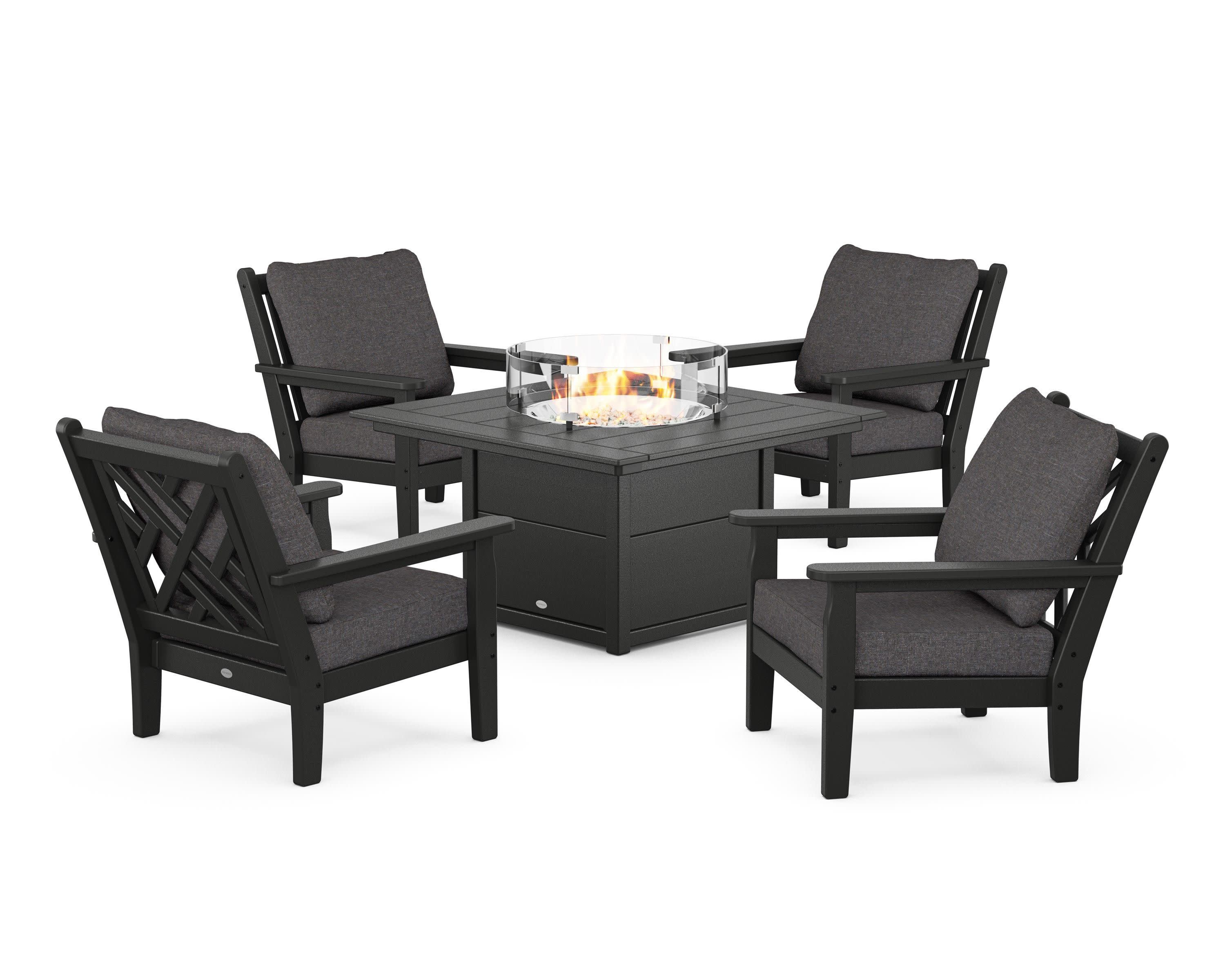 Chippendale 5-Piece Deep Seating Set with Fire Pit Table in Black / Ash Charcoal