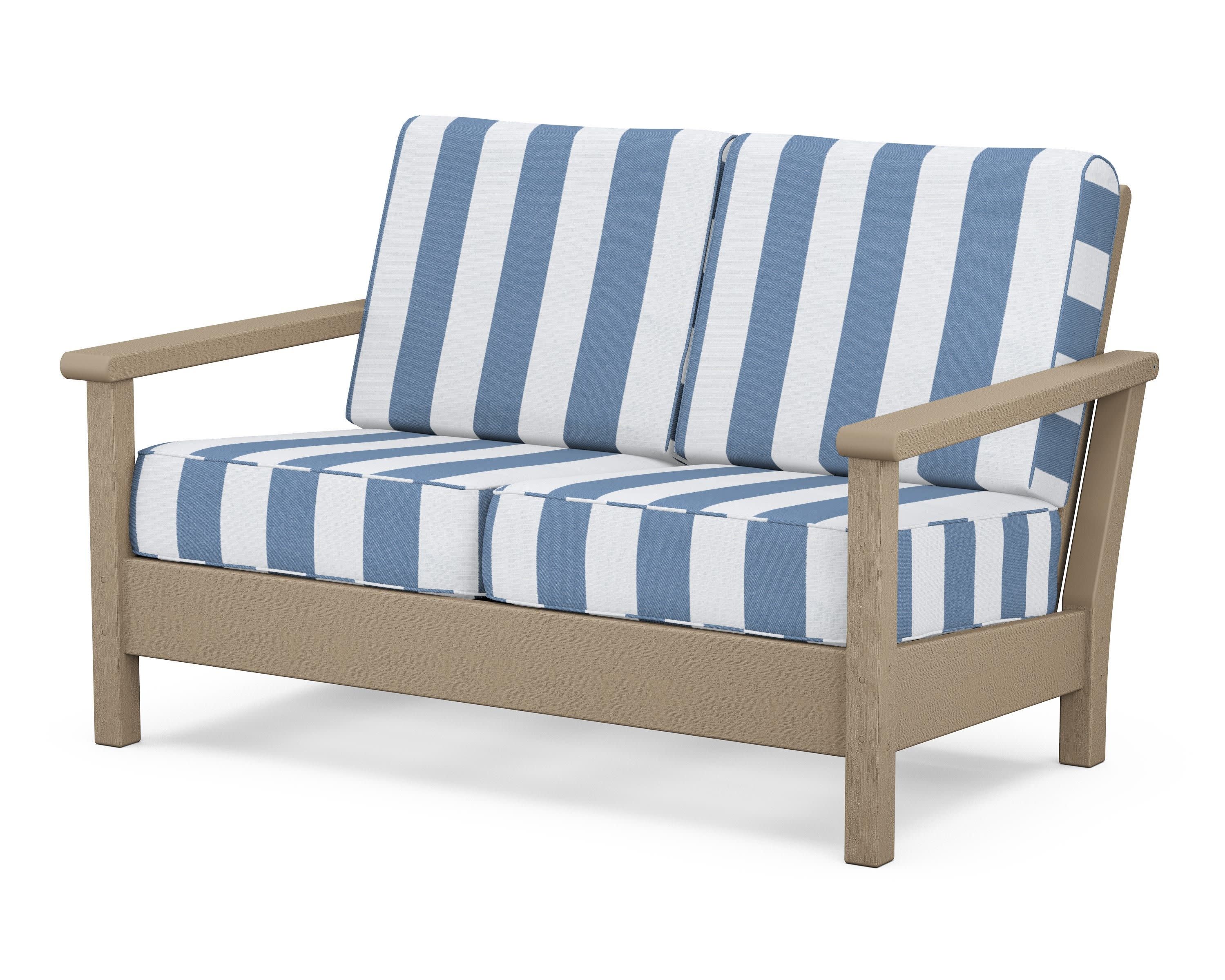 Harbour Deep Seating Loveseat in Vintage Sahara / Cabana Stripe Sky Blue