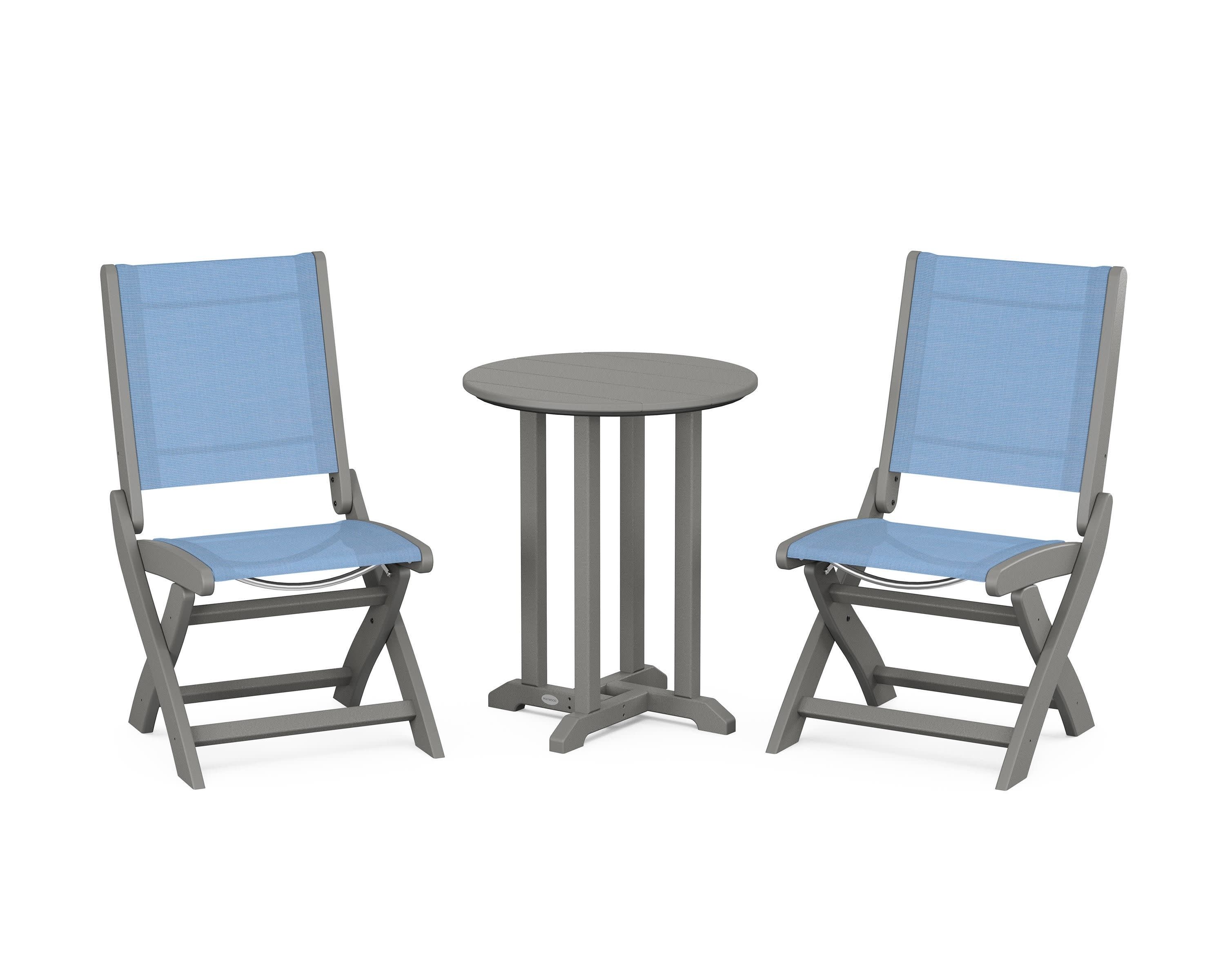 Coastal Folding Side Chair 3-Piece Round Bistro Dining Set in Slate Grey / Poolside Sling