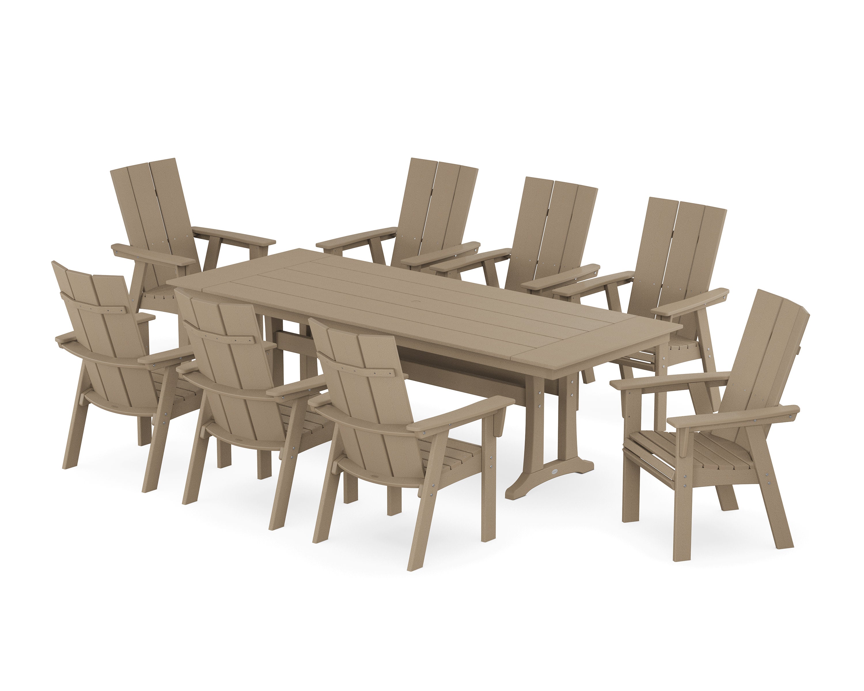 Modern Curveback Adirondack 9-Piece Farmhouse Dining Set with Trestle Legs in Vintage Sahara