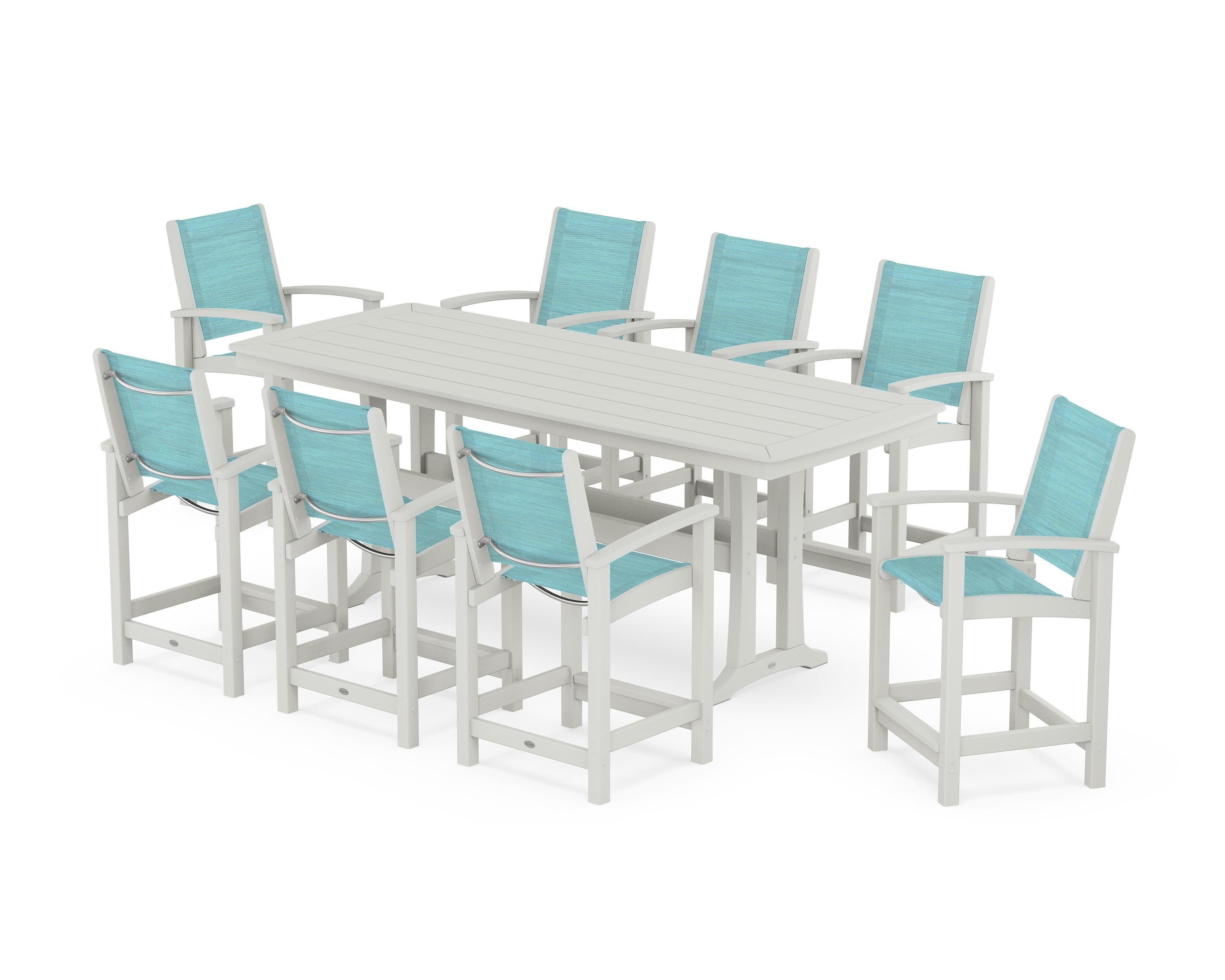 Coastal 9-Piece Counter Set with Trestle Legs in Vintage White / Dupioni Aquamarine Sling
