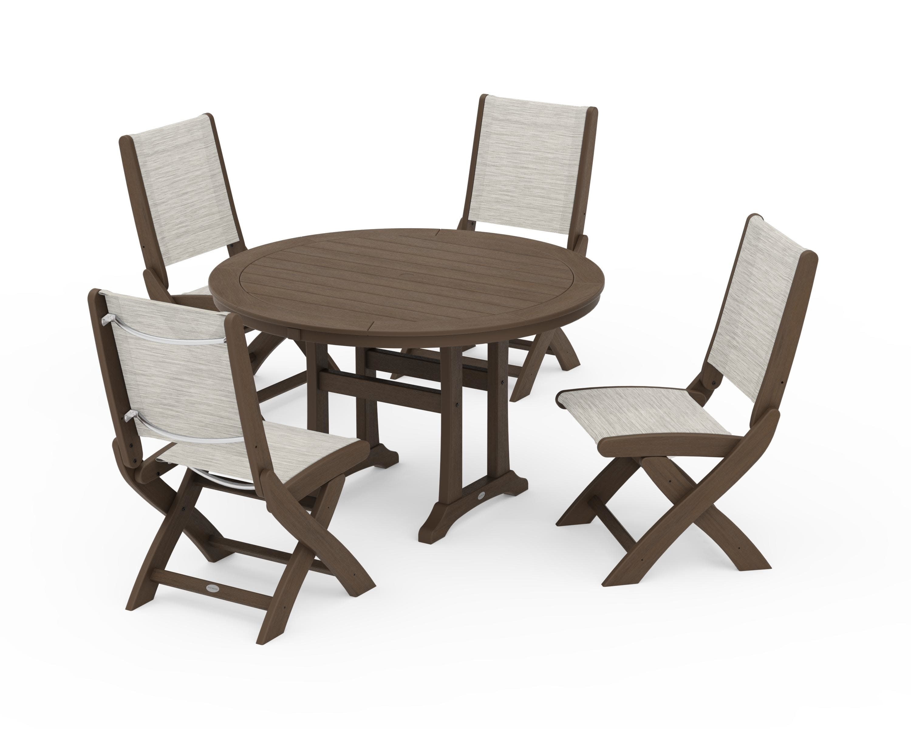 Coastal Folding Side Chair 5-Piece Round Dining Set With Trestle Legs in Kona / Birch Sling