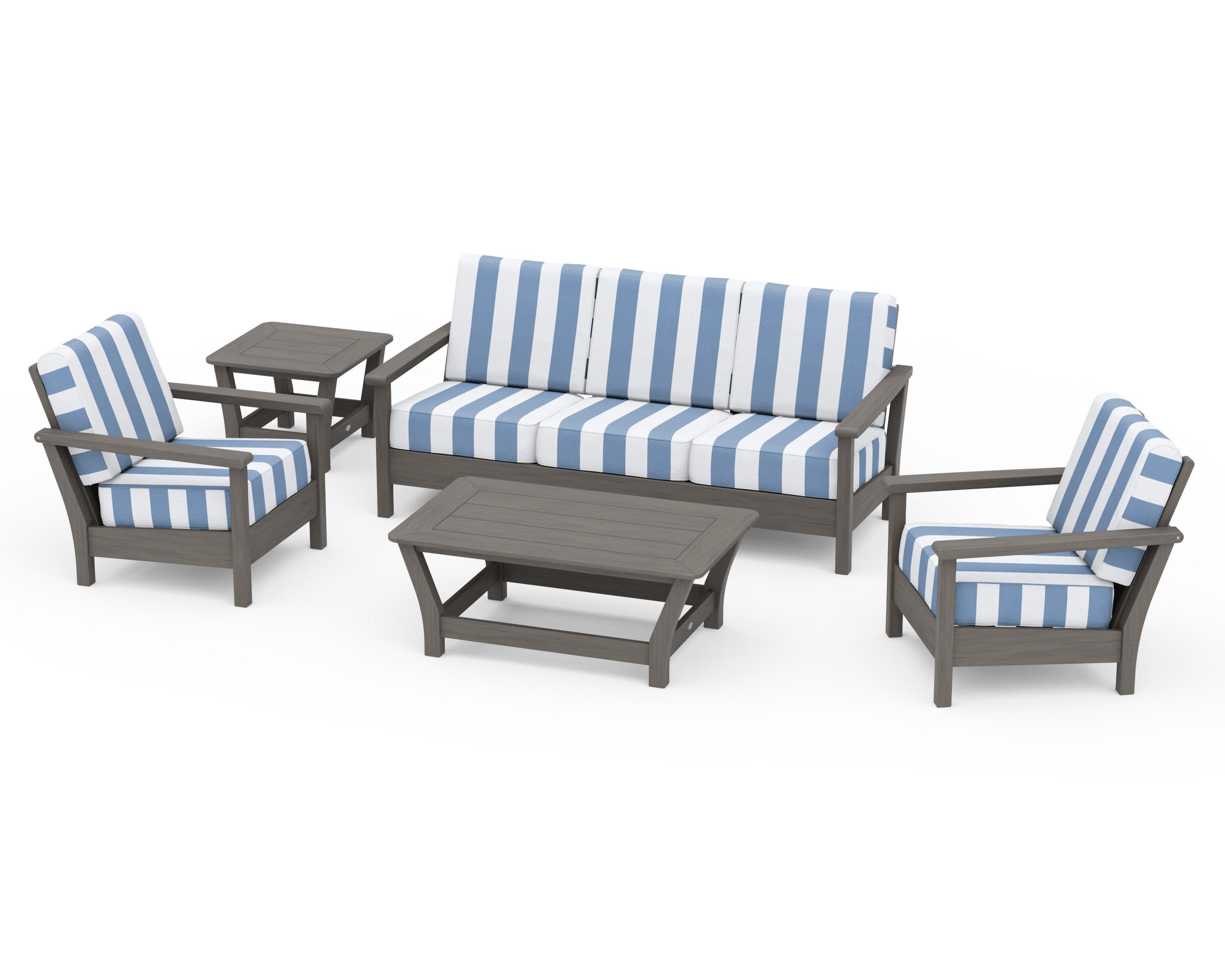Harbour 5-Piece Deep Seating Set in Driftwood / Cabana Stripe Sky Blue