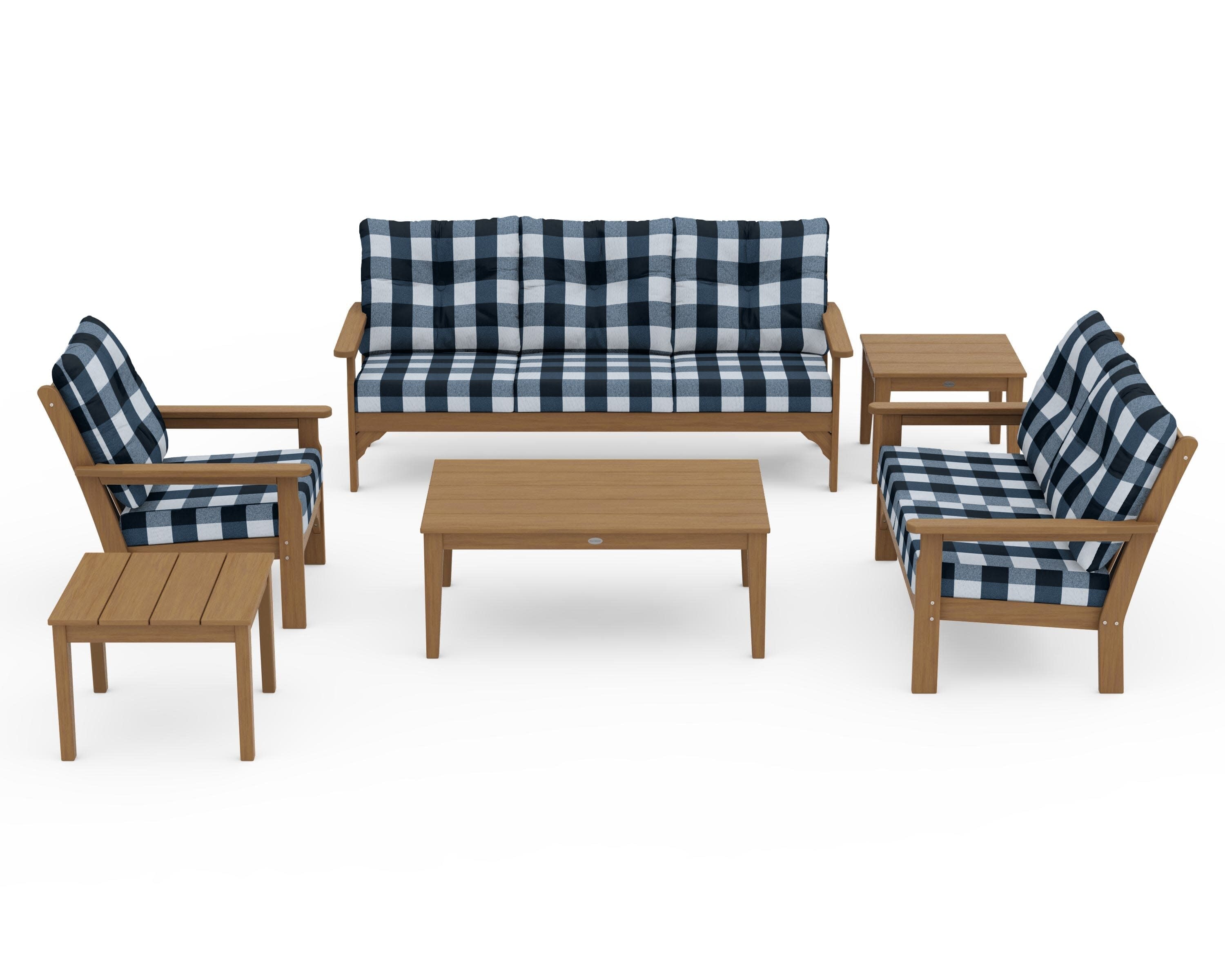 Vineyard 6-Piece Deep Seating Set in Natural / Buffalo Plaid Marine Indigo