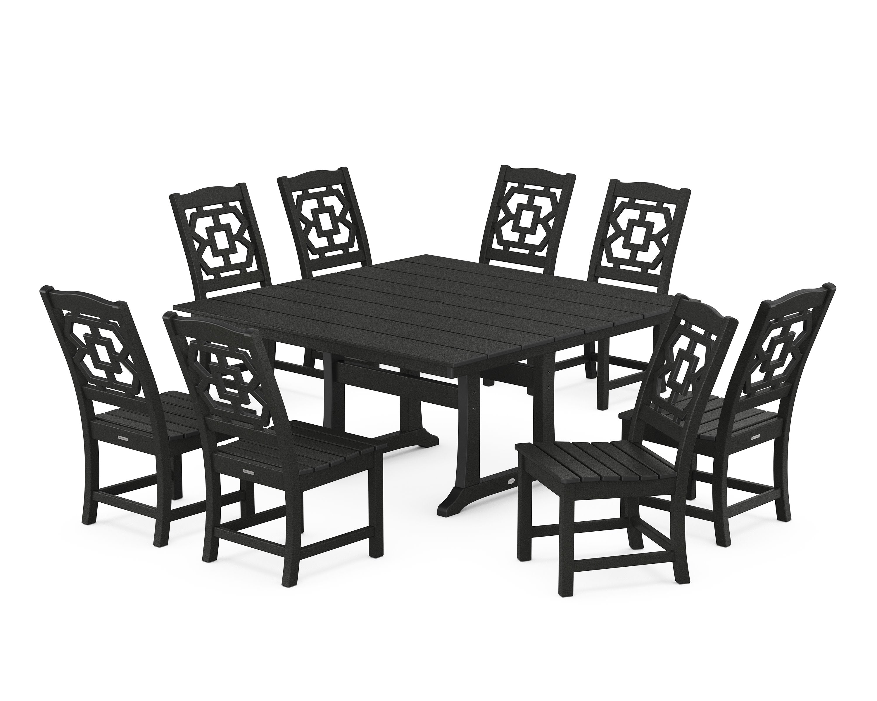 Chinoiserie 9-Piece Square Farmhouse Side Chair Dining Set with Trestle Legs in Black