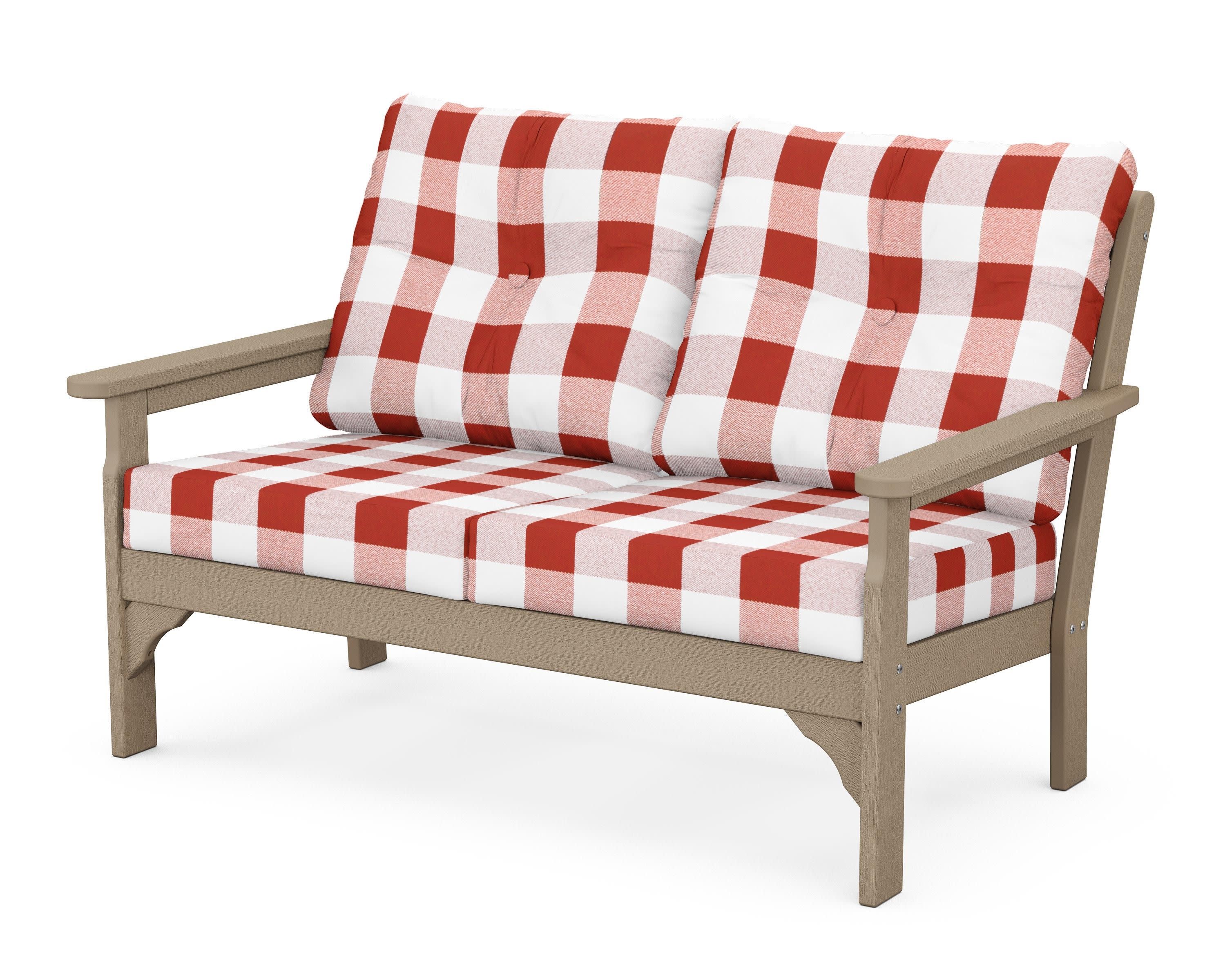 Vineyard Deep Seating Loveseat in Vintage Sahara / Buffalo Plaid Crimson