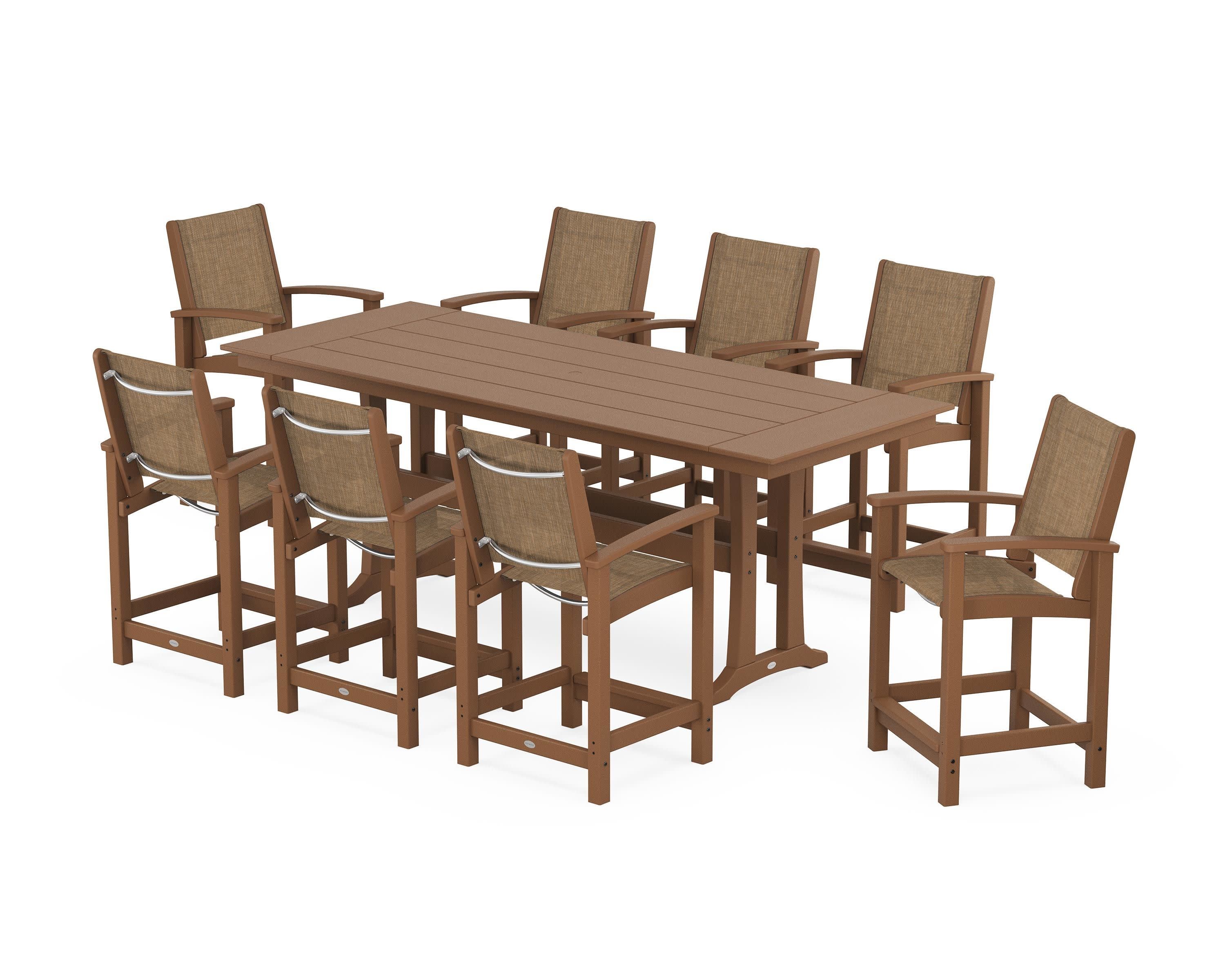 Coastal 9-Piece Farmhouse Counter Set with Trestle Legs in Teak / Burlap Sling