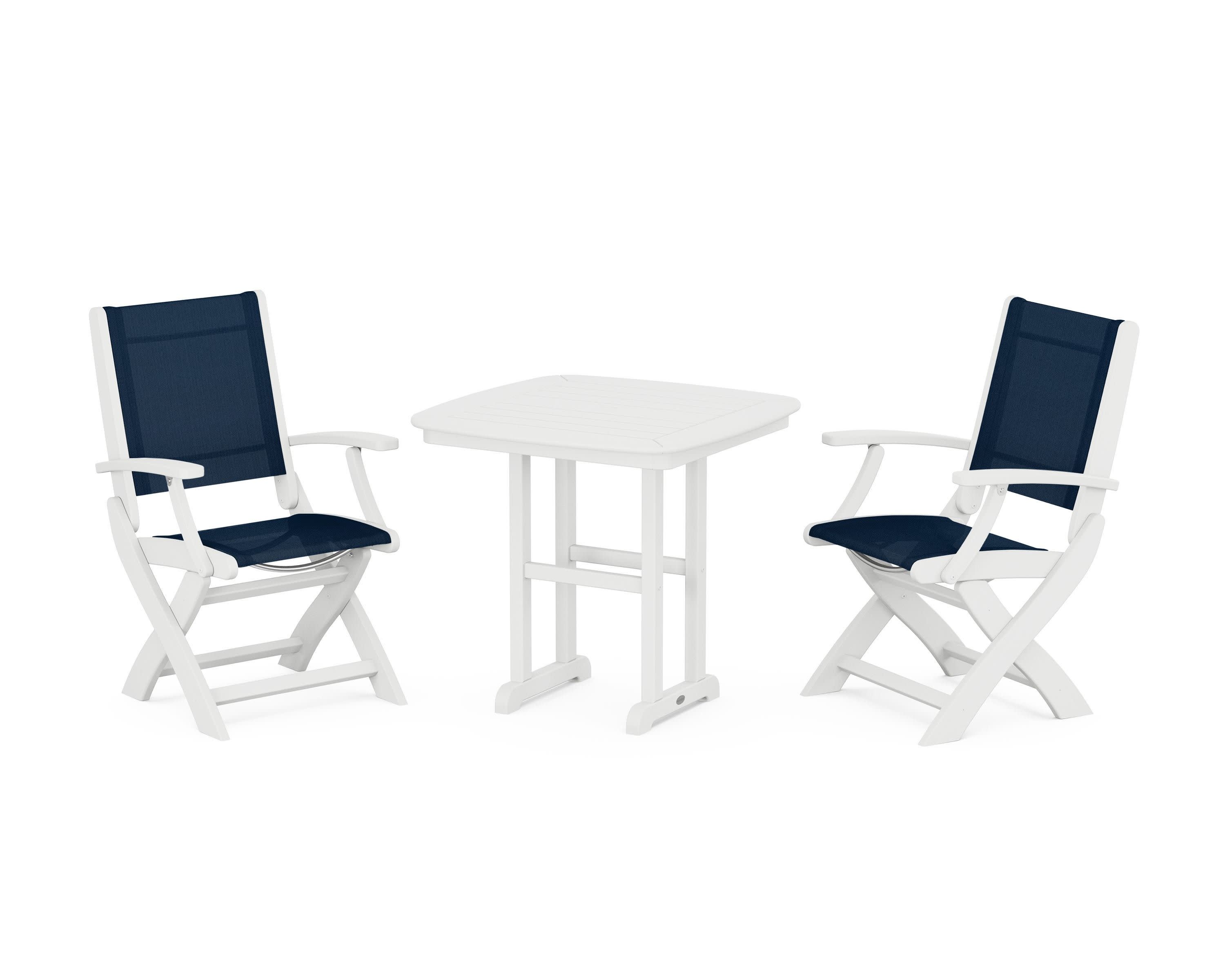 Coastal Folding Chair 3-Piece Dining Set in White / Navy Blue Sling