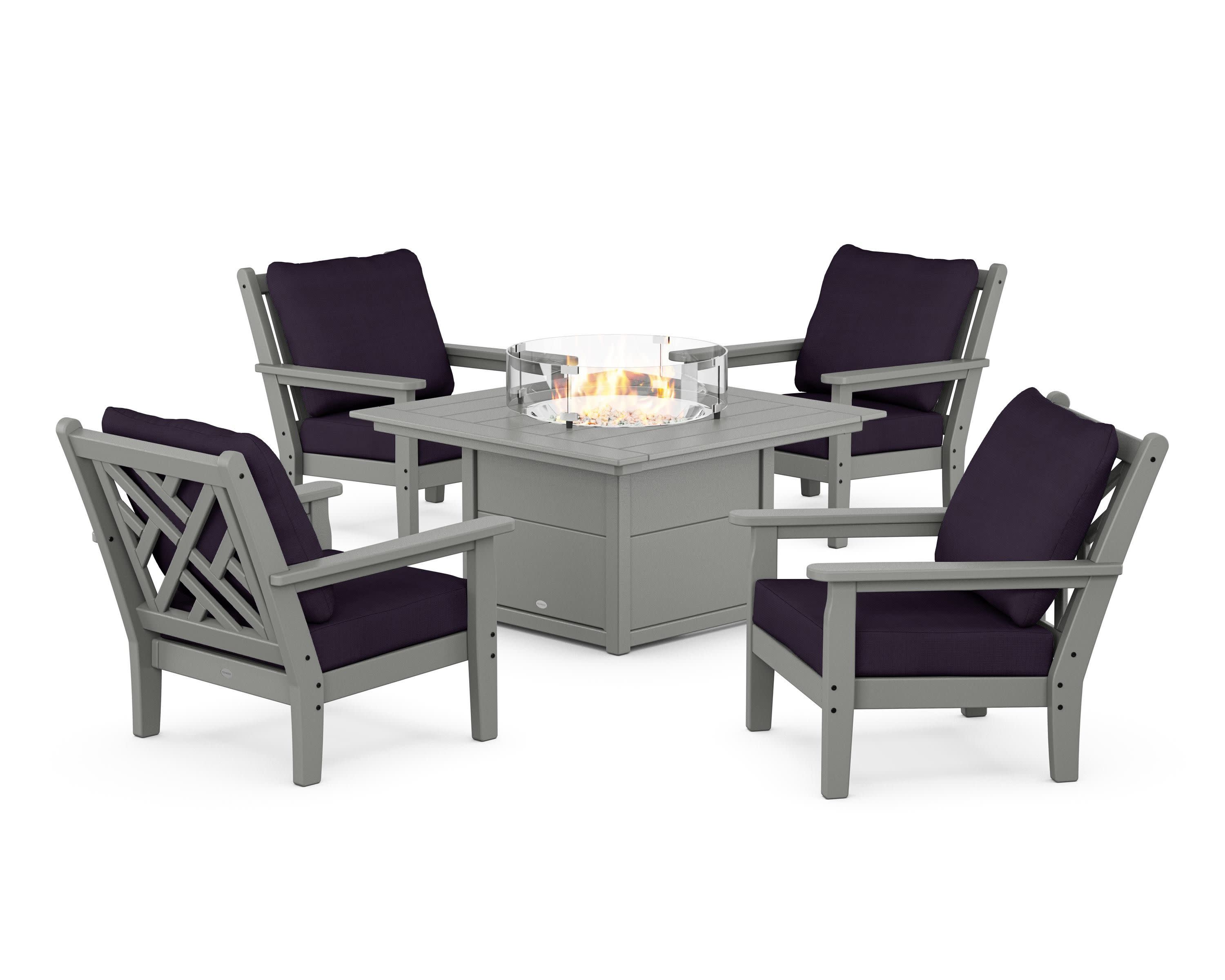 Chippendale 5-Piece Deep Seating Set with Fire Pit Table in Slate Grey / Navy Linen