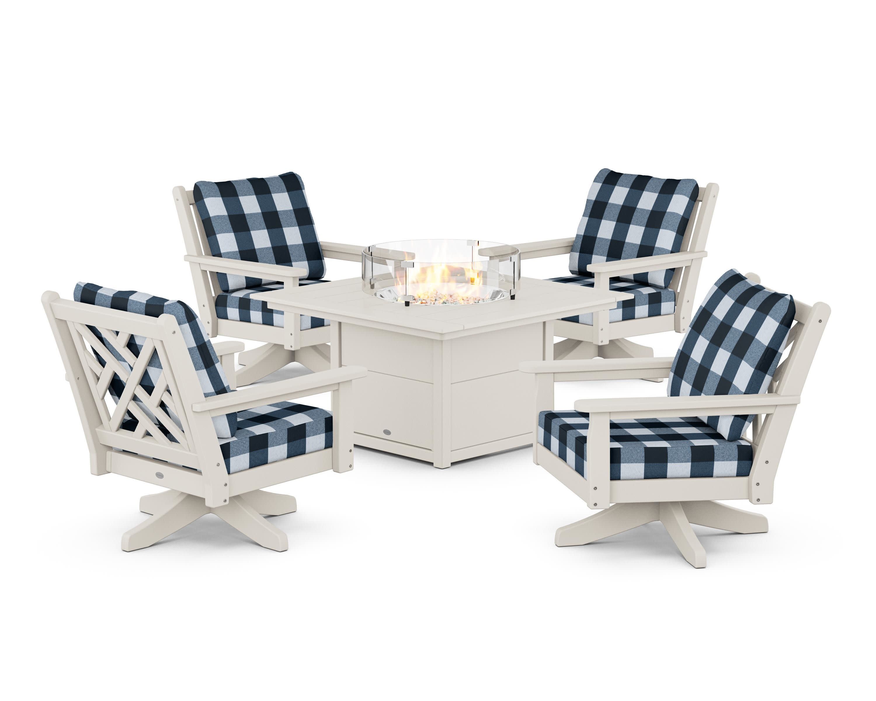 Chippendale 5-Piece Deep Seating Swivel Conversation Set with Fire Pit Table in Sand / Buffalo Plaid Marine Indigo