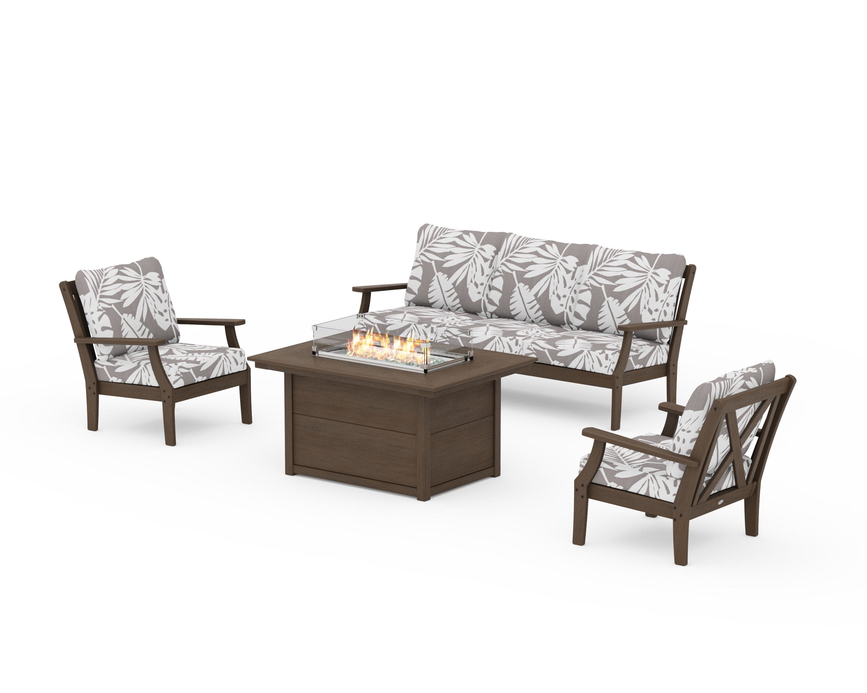 Braxton Deep Seating Fire Pit Table Set in Kona / Leaf Grey Mist