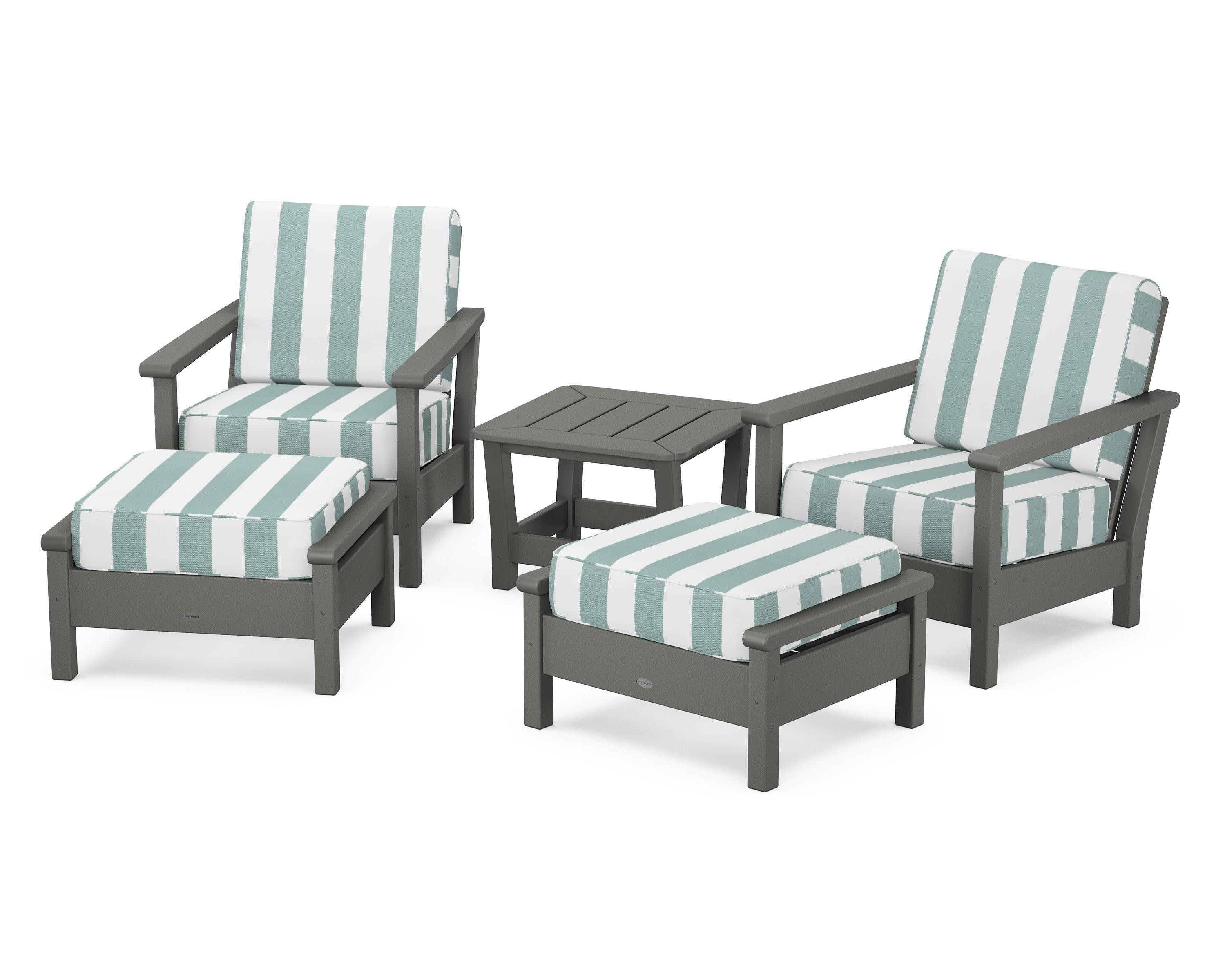 Harbour 5-Piece Deep Seating Chair Set in Slate Grey / Cabana Stripe Glacier Spa