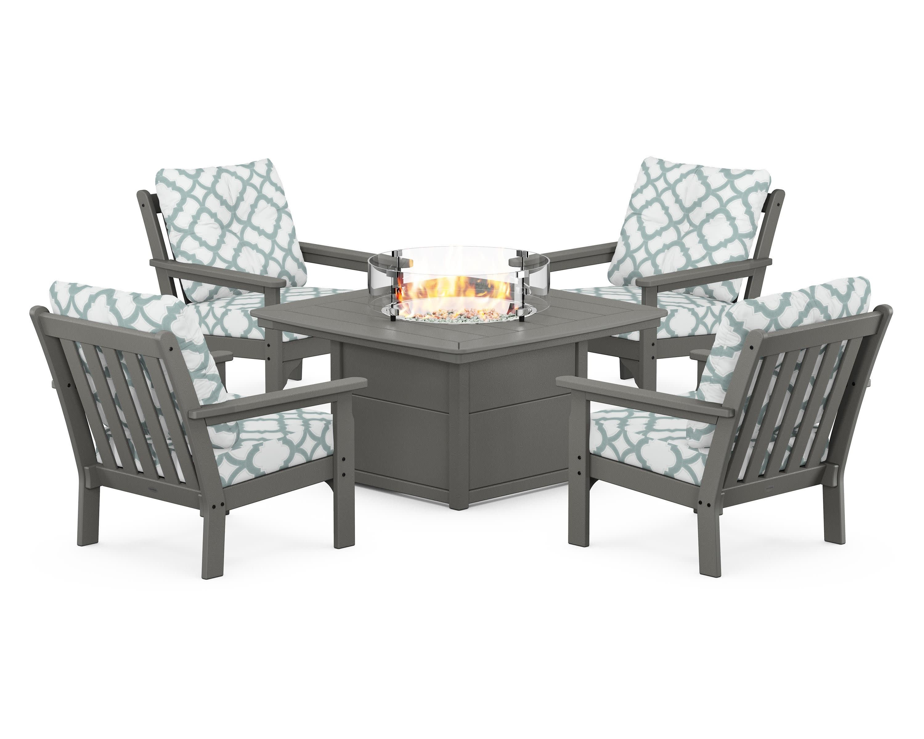 Vineyard 5-Piece Conversation Set with Fire Pit Table in Slate Grey / Trellis Glacier Spa