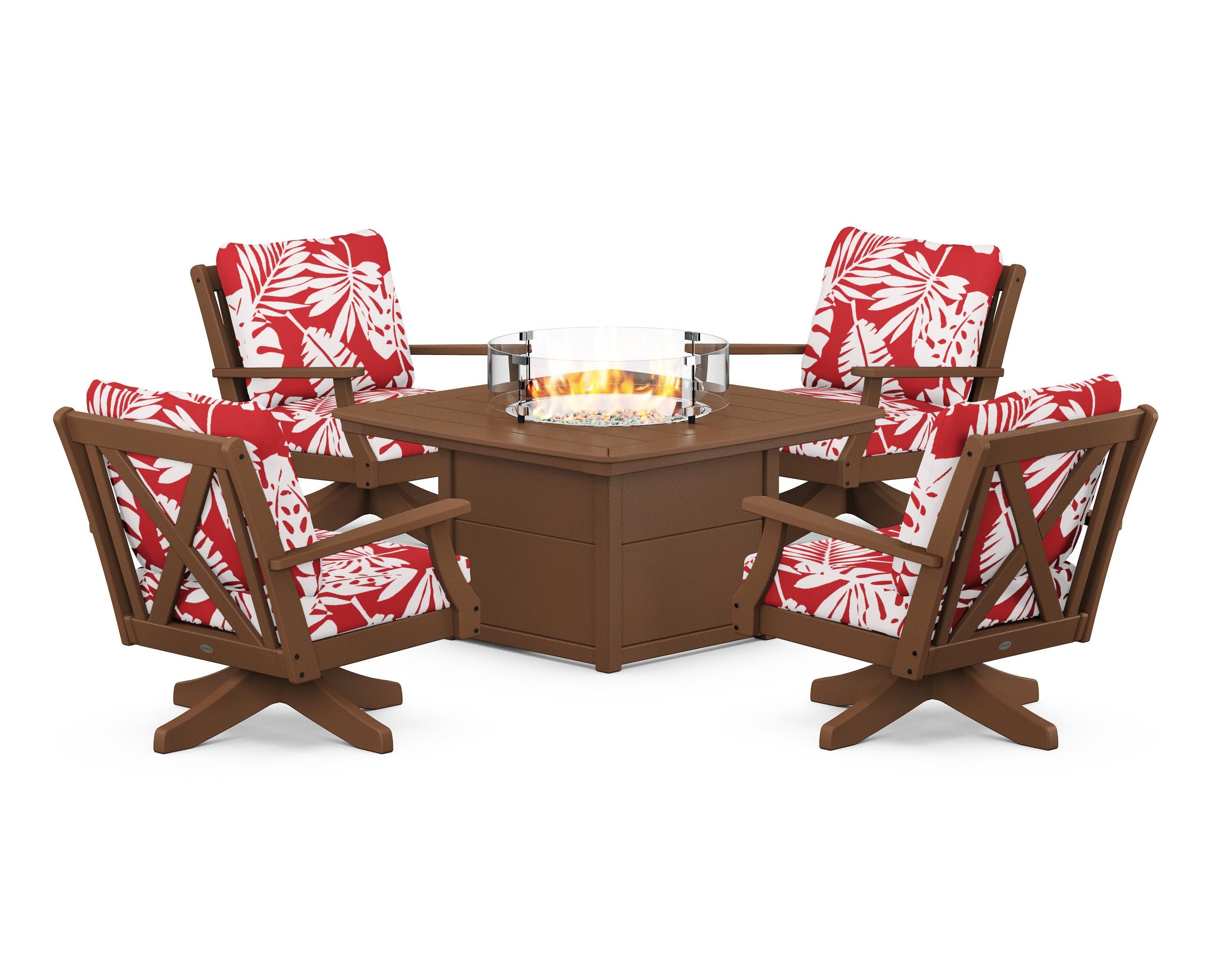 Braxton 5-Piece Deep Seating Swivel Conversation Set with Fire Pit Table in Teak / Leaf Crimson