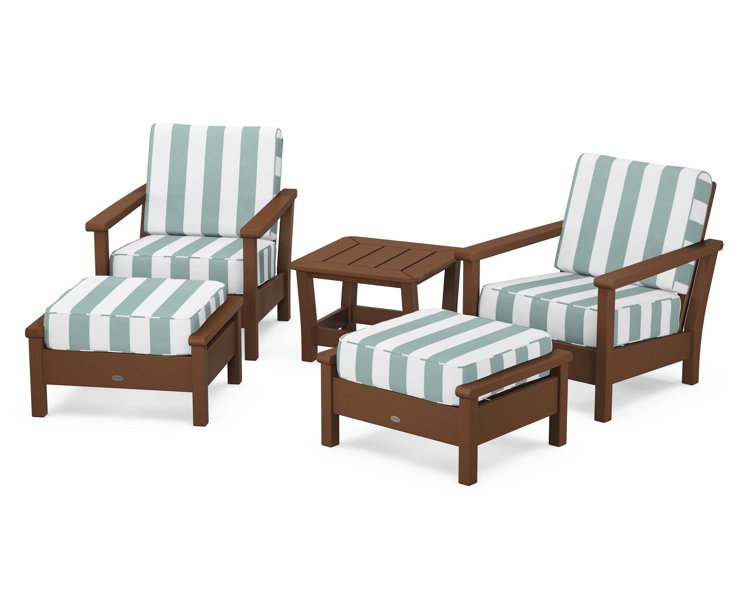 Harbour 5-Piece Deep Seating Chair Set in Teak / Cabana Stripe Glacier Spa