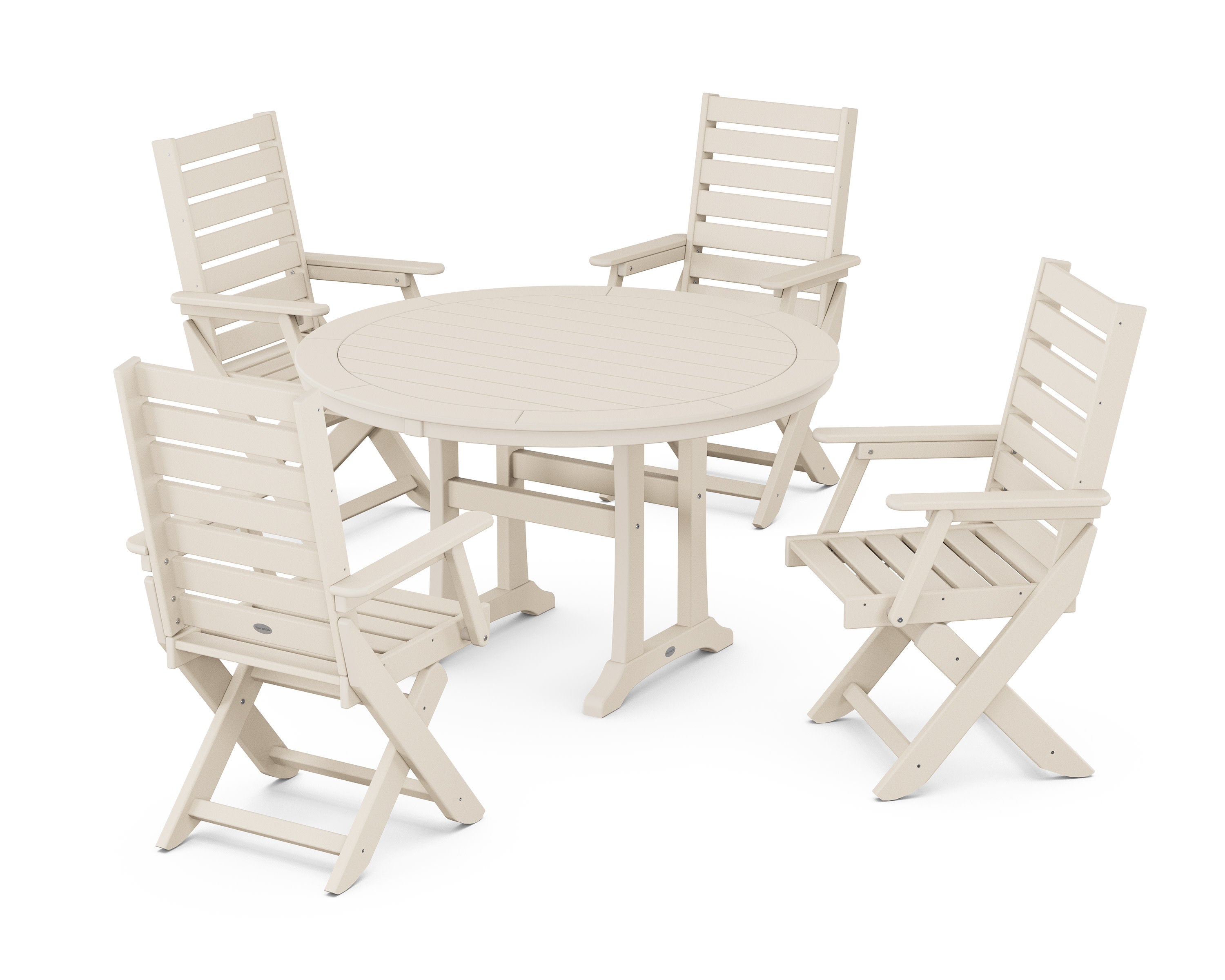 Captain Folding Chair 5-Piece Round Dining Set with Trestle Legs in Sand