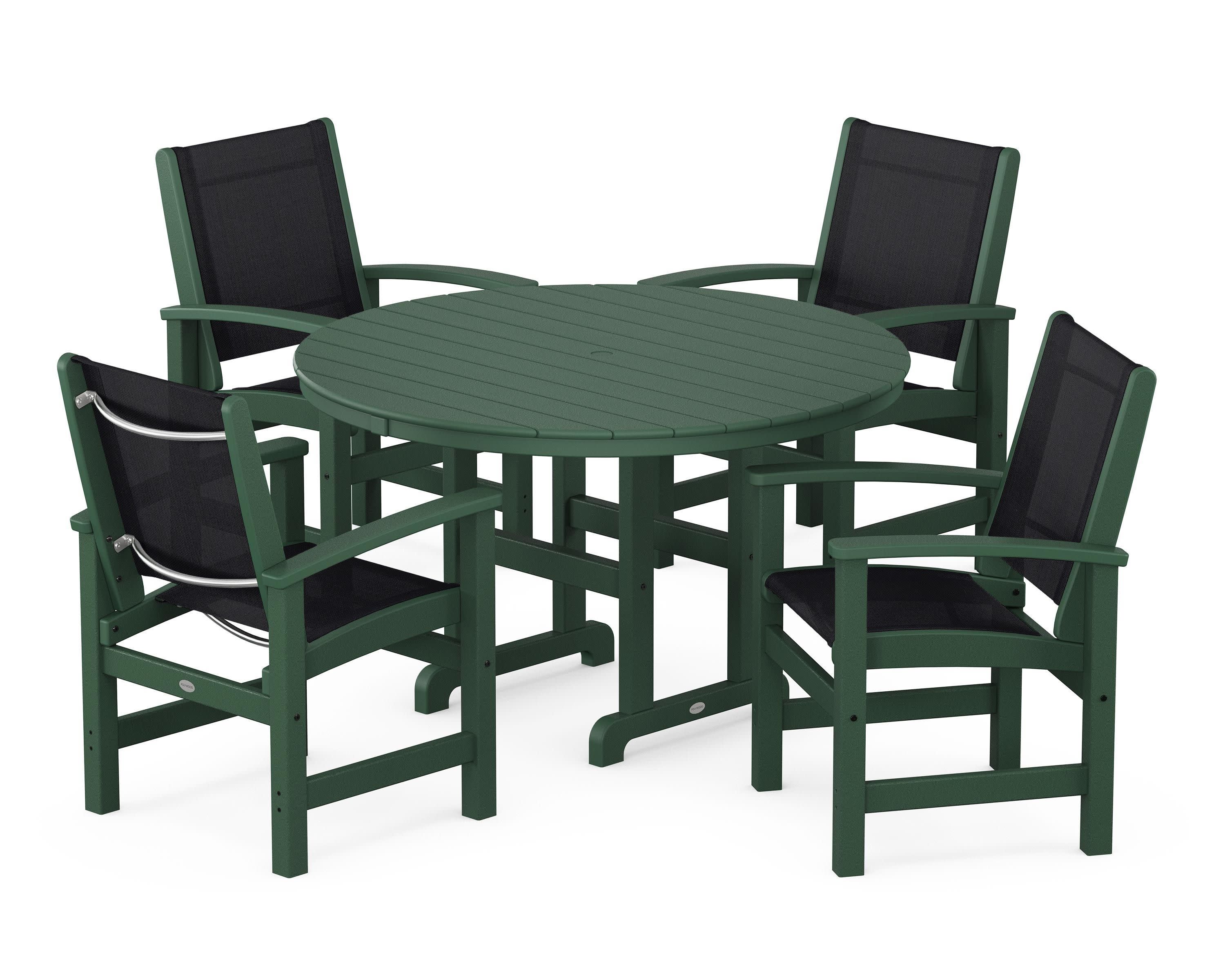 Coastal 5-Piece Round Farmhouse Dining Set in Green / Black Sling