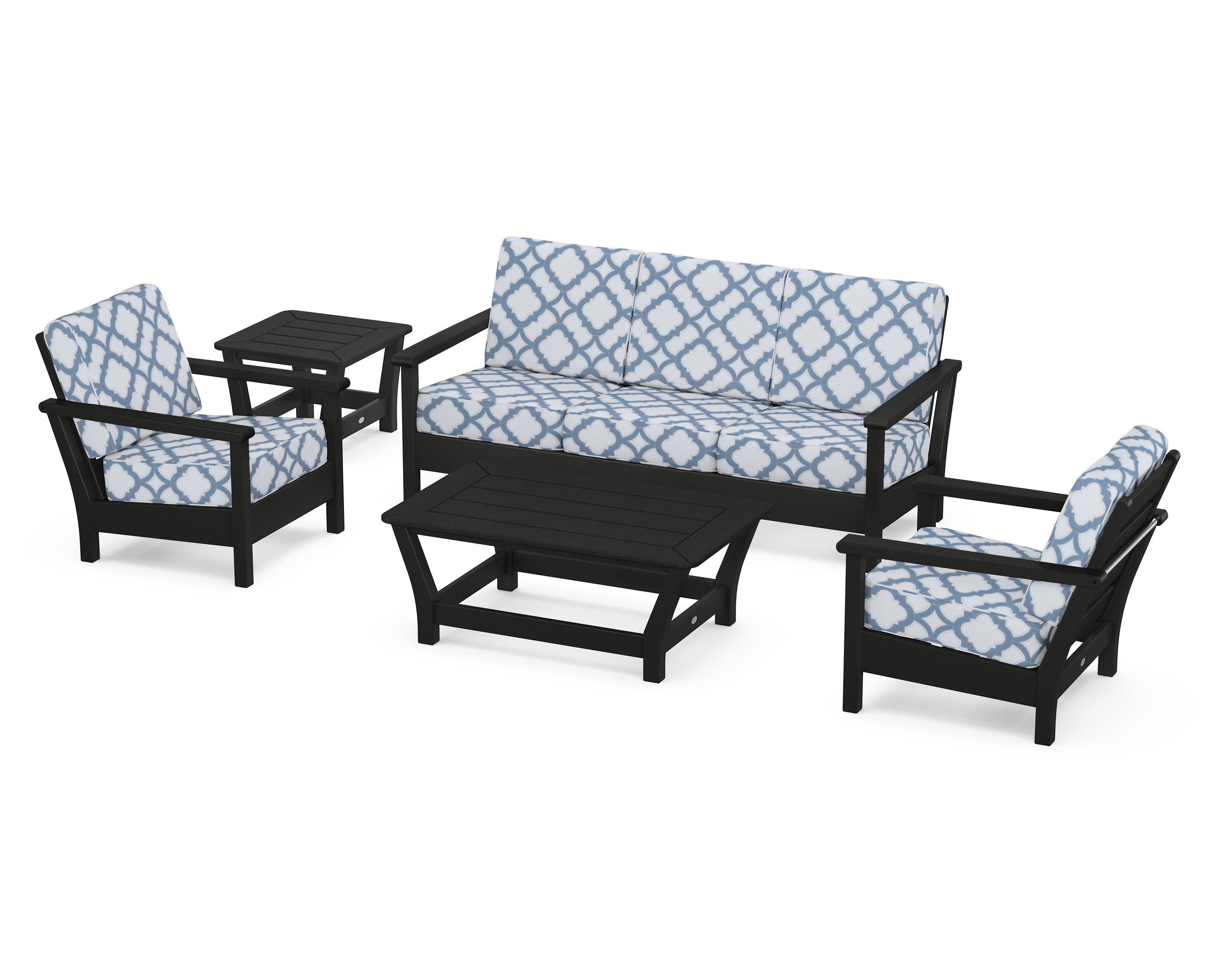 Harbour 5-Piece Deep Seating Set in Black / Trellis Sky Blue