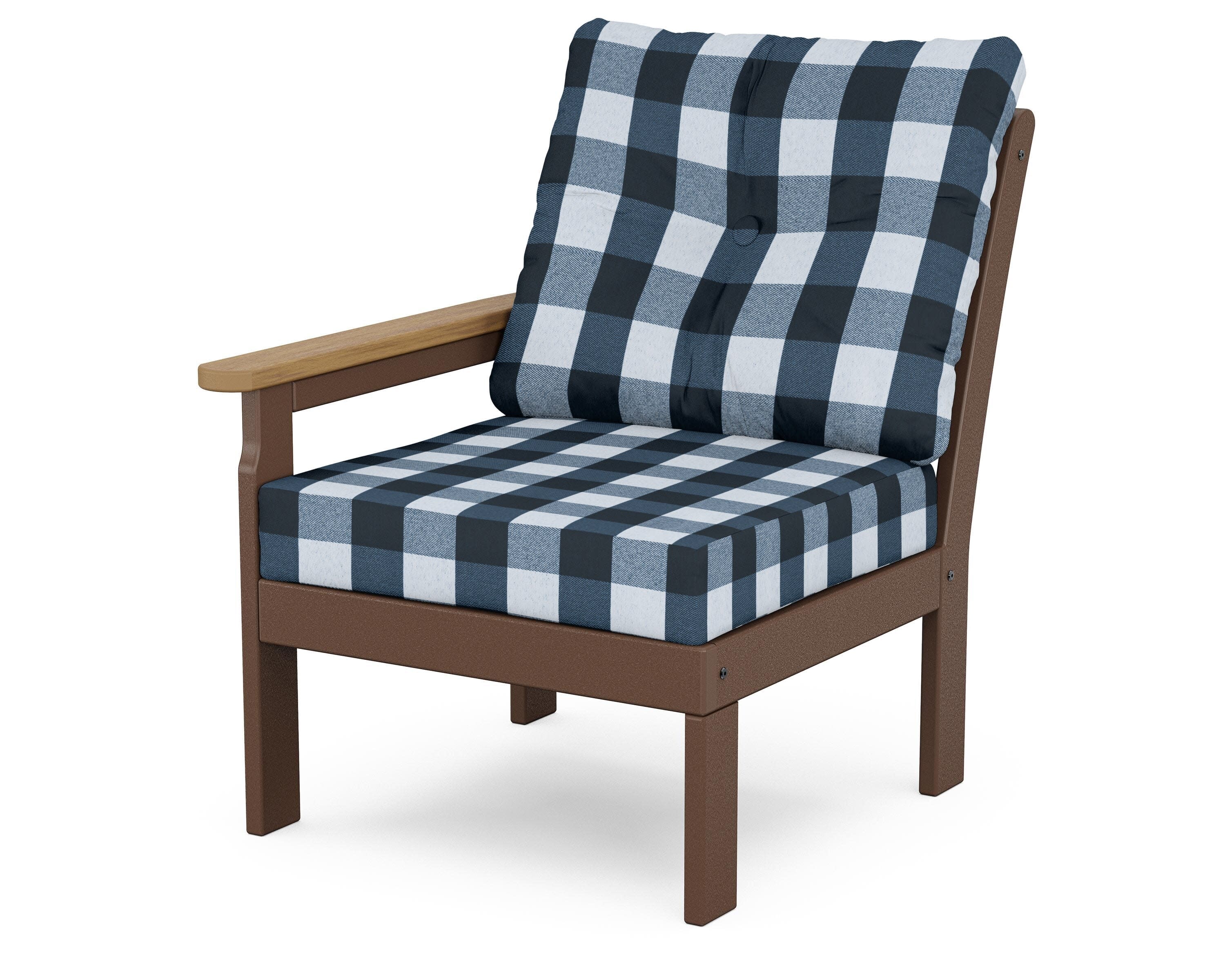 Vineyard Modular Left Arm Chair in Mahogany / Natural / Buffalo Plaid Marine Indigo