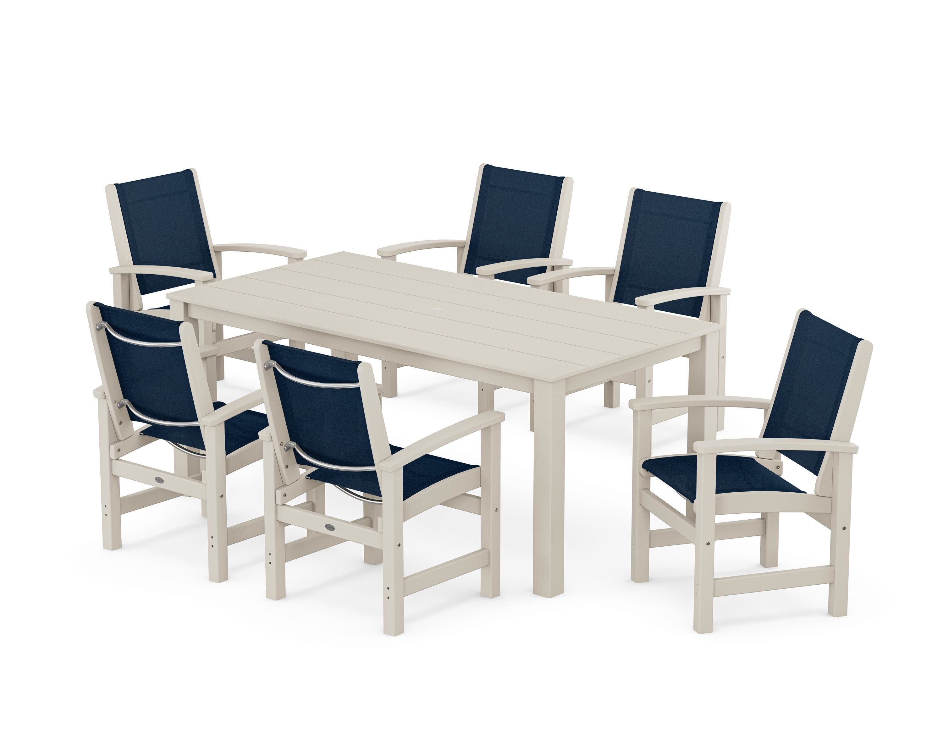 Coastal 7-Piece Parsons Dining Set in Sand / Navy Blue Sling