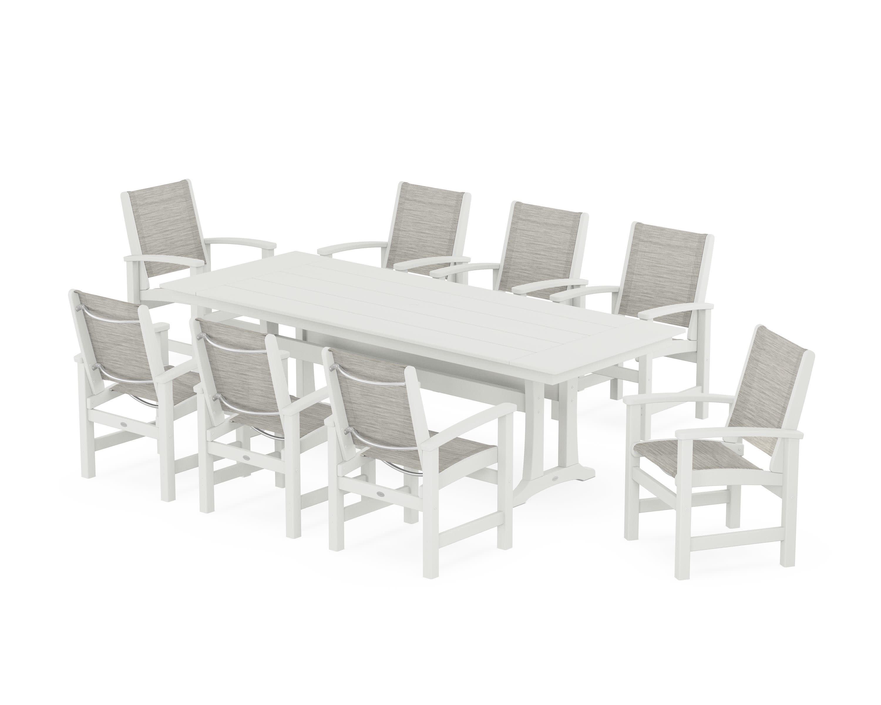 Coastal 9-Piece Farmhouse Dining Set with Trestle Legs in Vintage White / Birch Sling