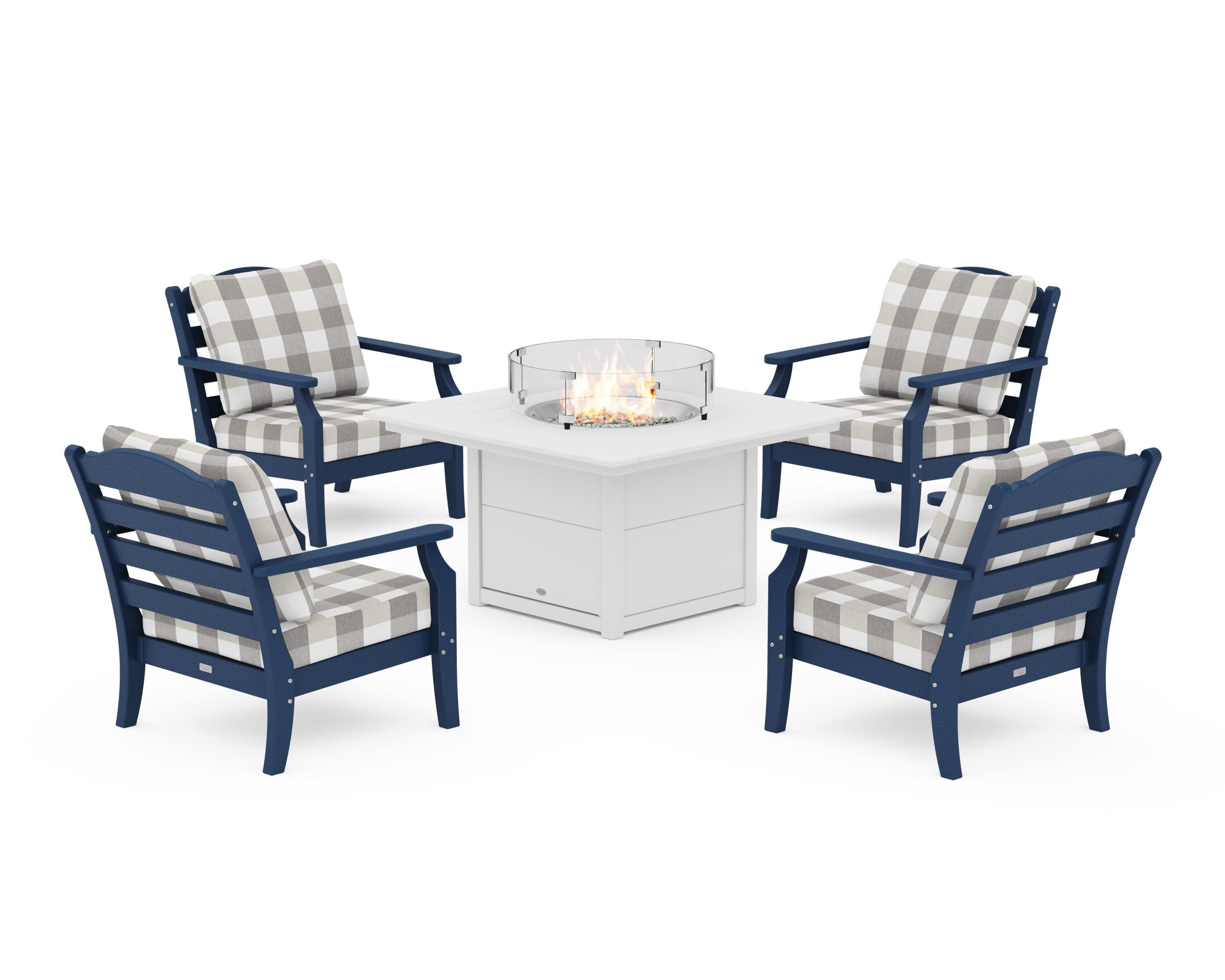Savannah 5-Piece Deep Seating Set with Fire Pit Table in Navy / Buffalo Plaid Grey Mist