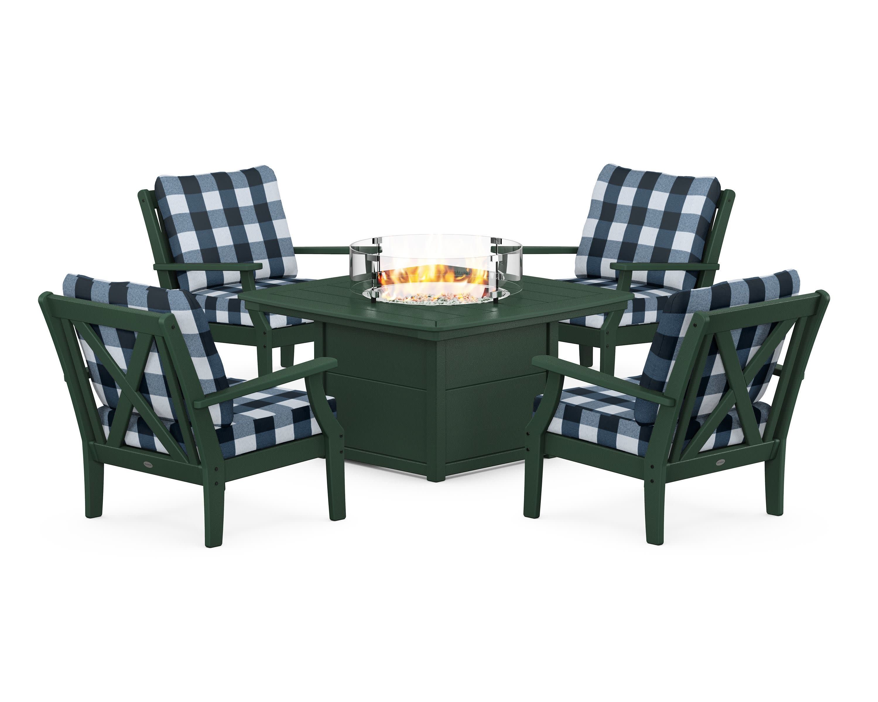 Braxton 5-Piece Deep Seating Conversation Set with Fire Pit Table in Green / Buffalo Plaid Marine Indigo