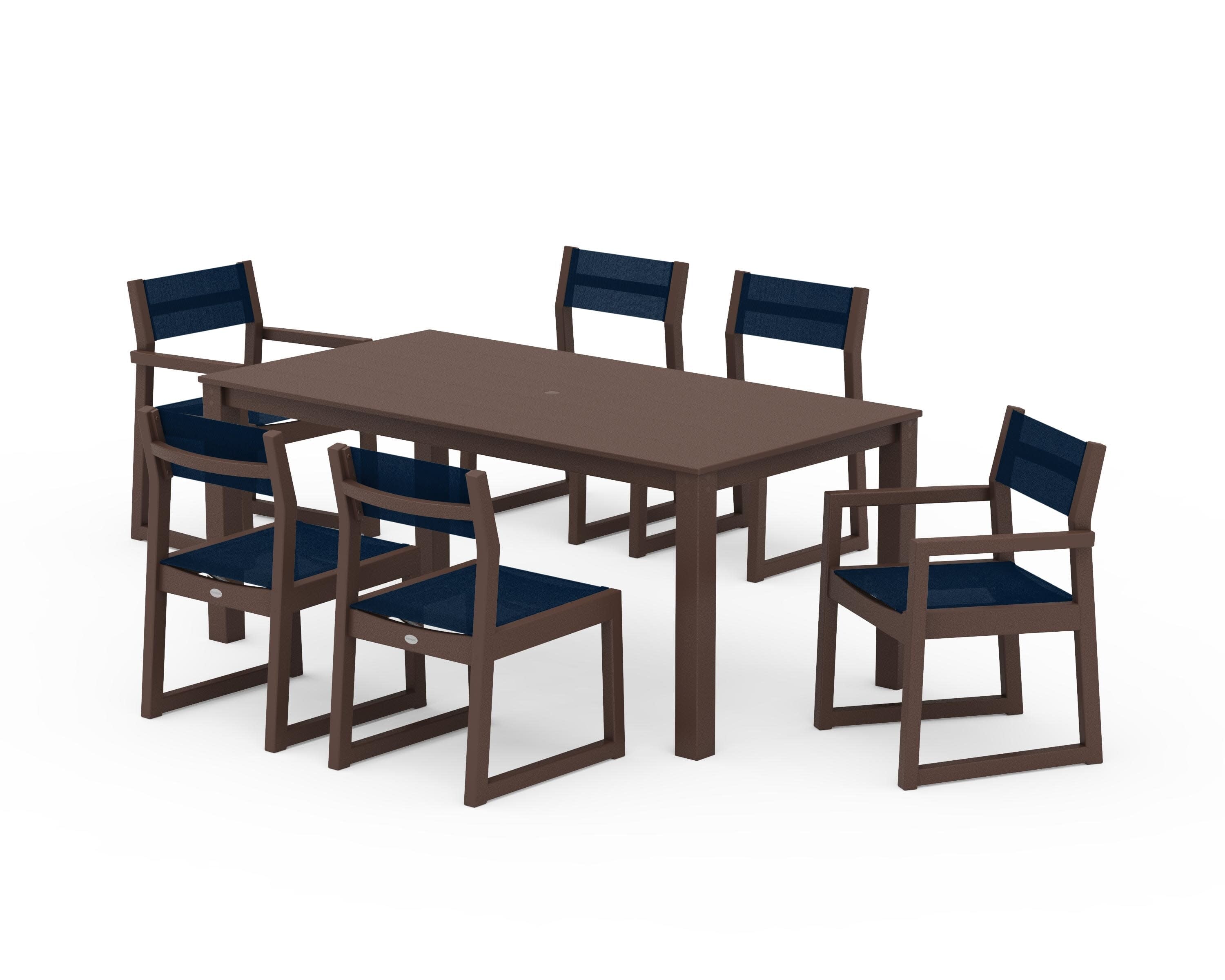 EDGE Sling 7-Piece Parsons Dining Set in Mahogany / Navy Blue Sling