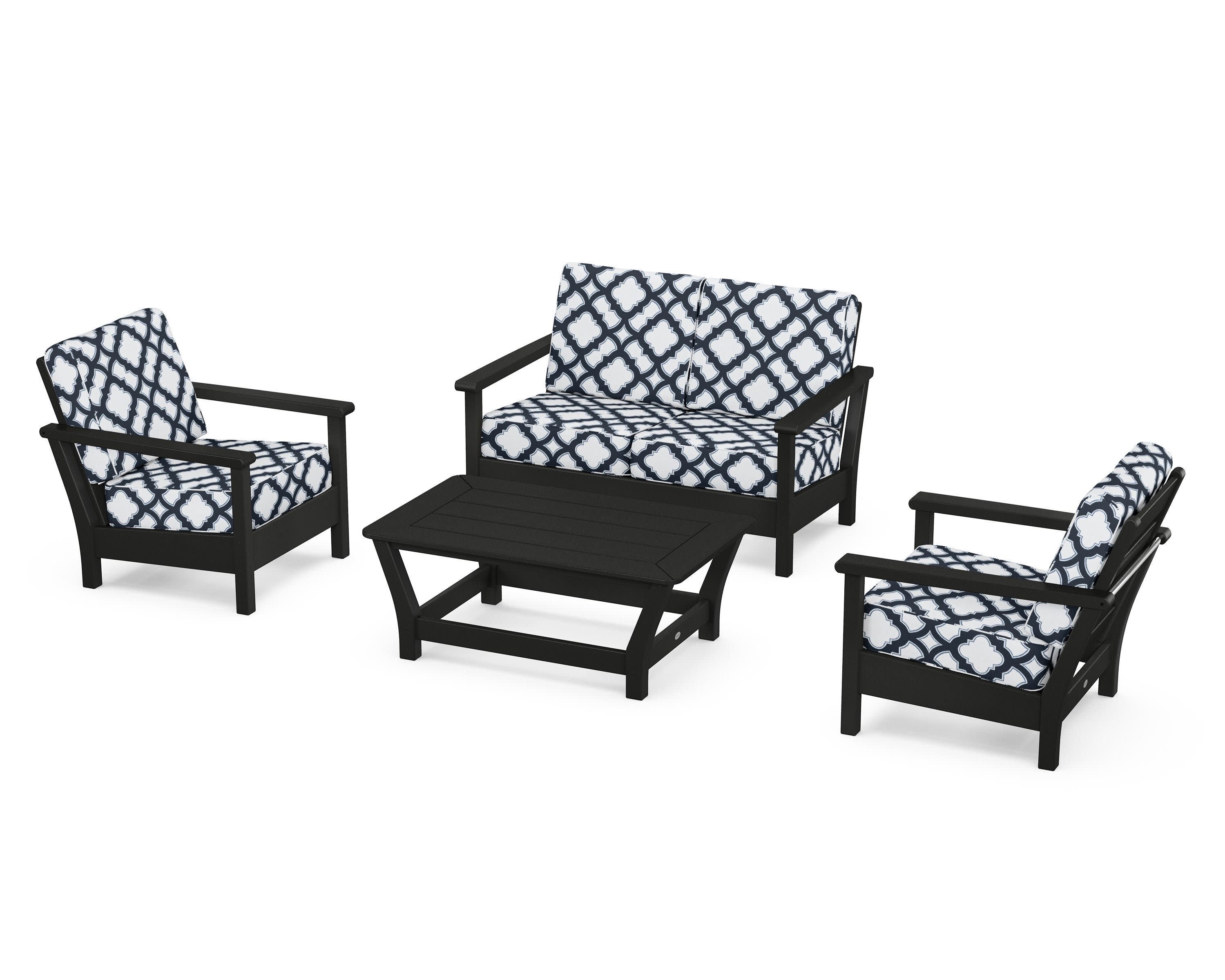 Harbour 4-Piece Deep Seating Set in Black / Trellis Marine Indigo
