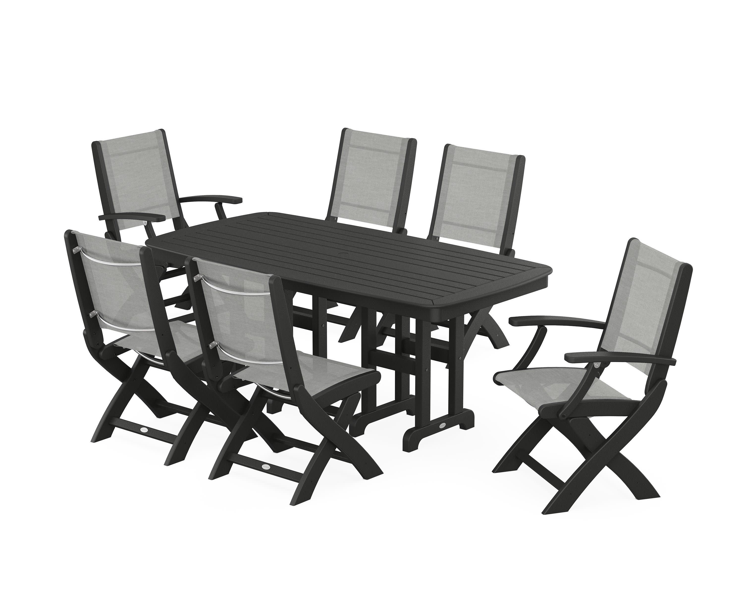 Coastal Folding Chair 7-Piece Dining Set in Black / Metallic Sling
