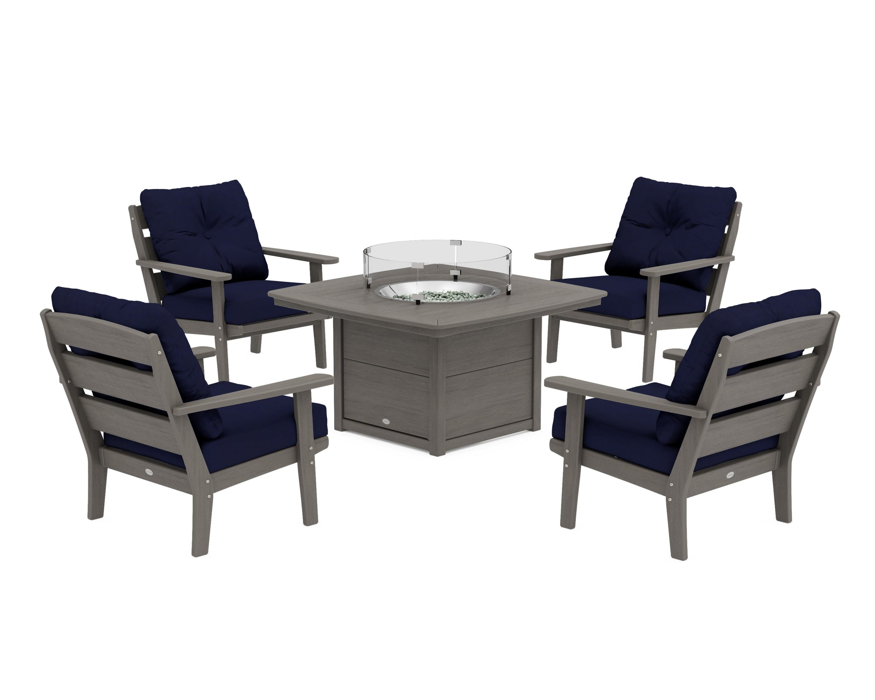 Lakeside 5-Piece Deep Seating Set with Nautical Fire Pit Table in Driftwood / Navy