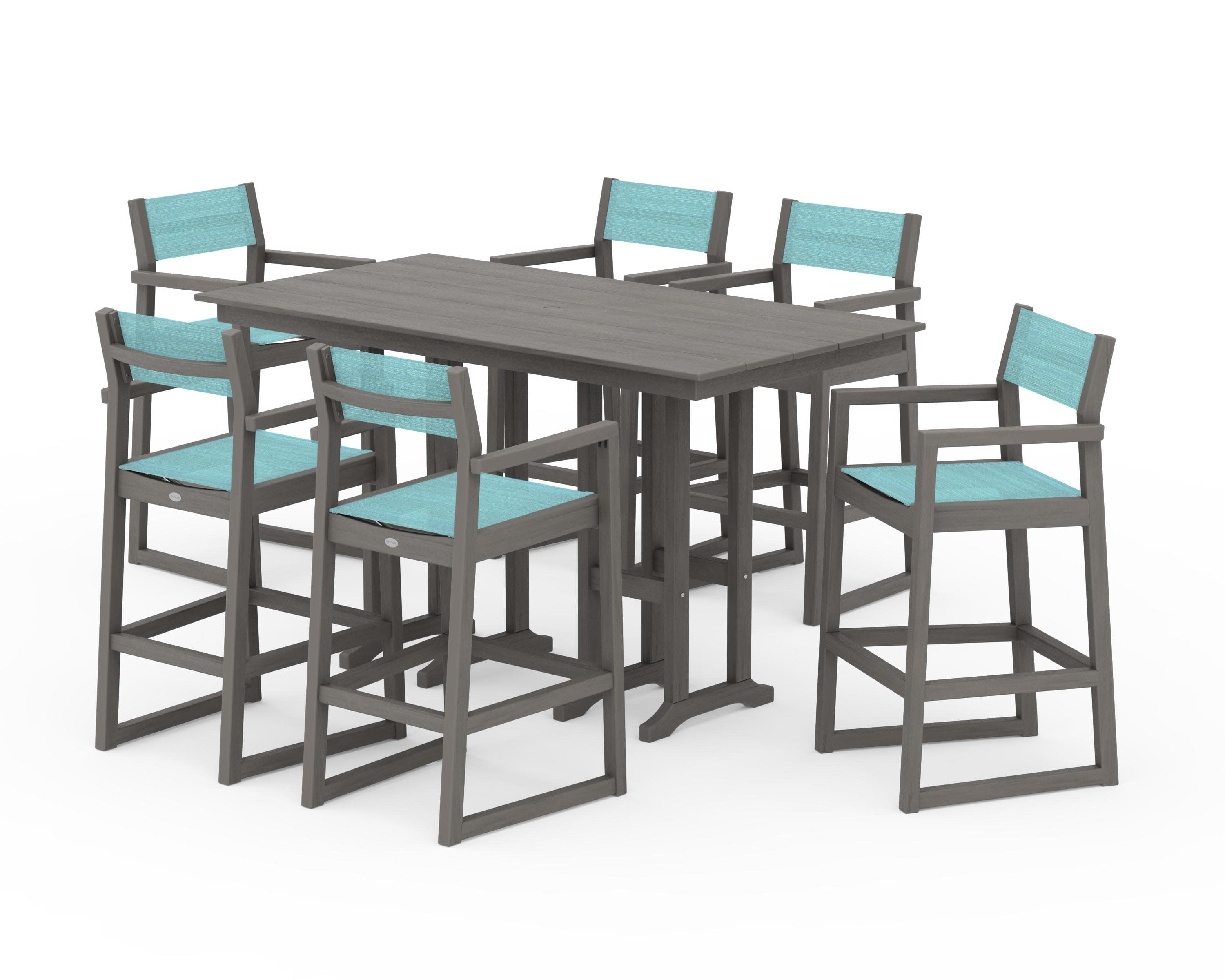 EDGE Sling Arm Chair 7-Piece Farmhouse Bar Set in Driftwood / Dupioni Aquamarine Sling