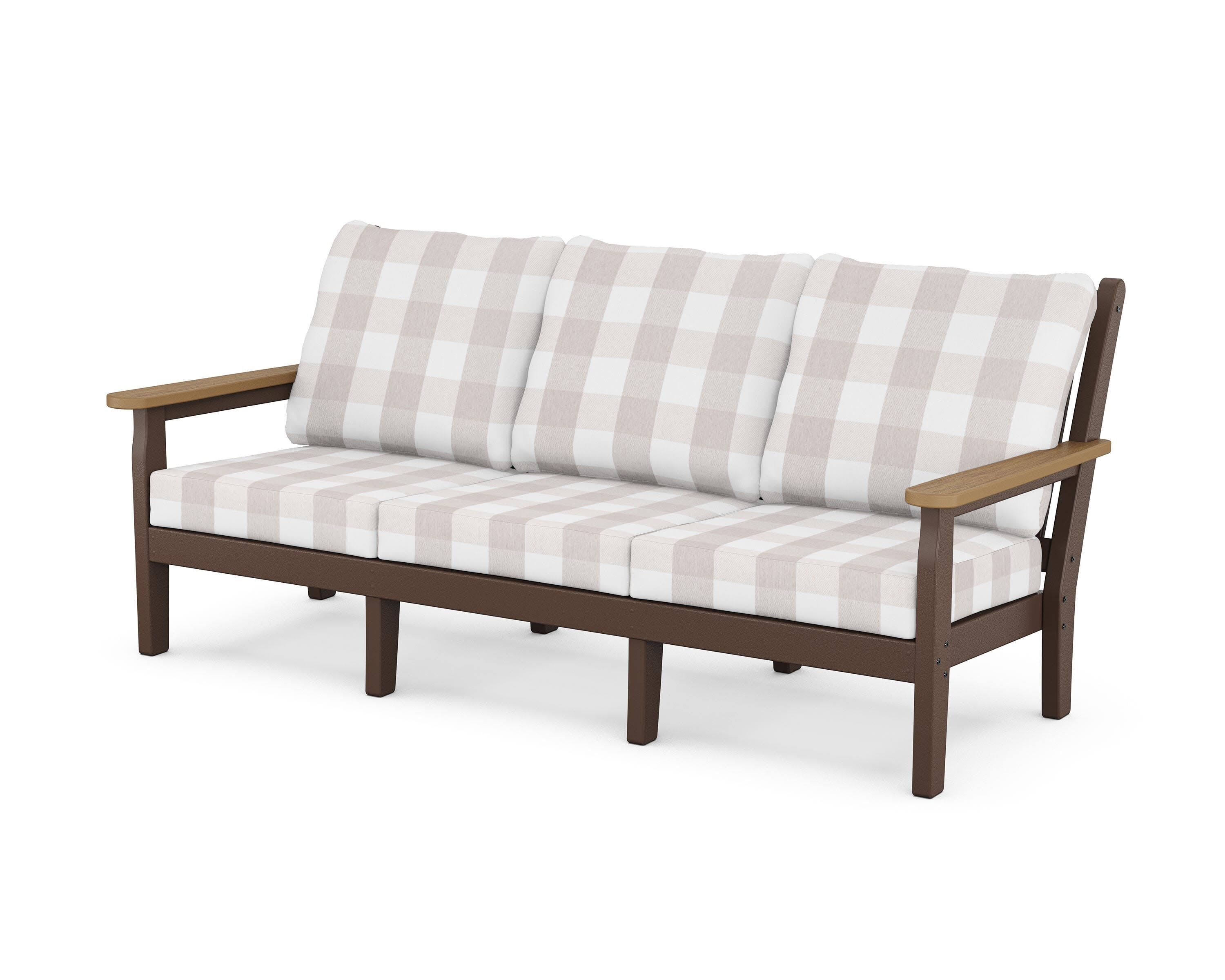 Chippendale Deep Seating Sofa in Mahogany / Natural / Buffalo Plaid Dune Burlap