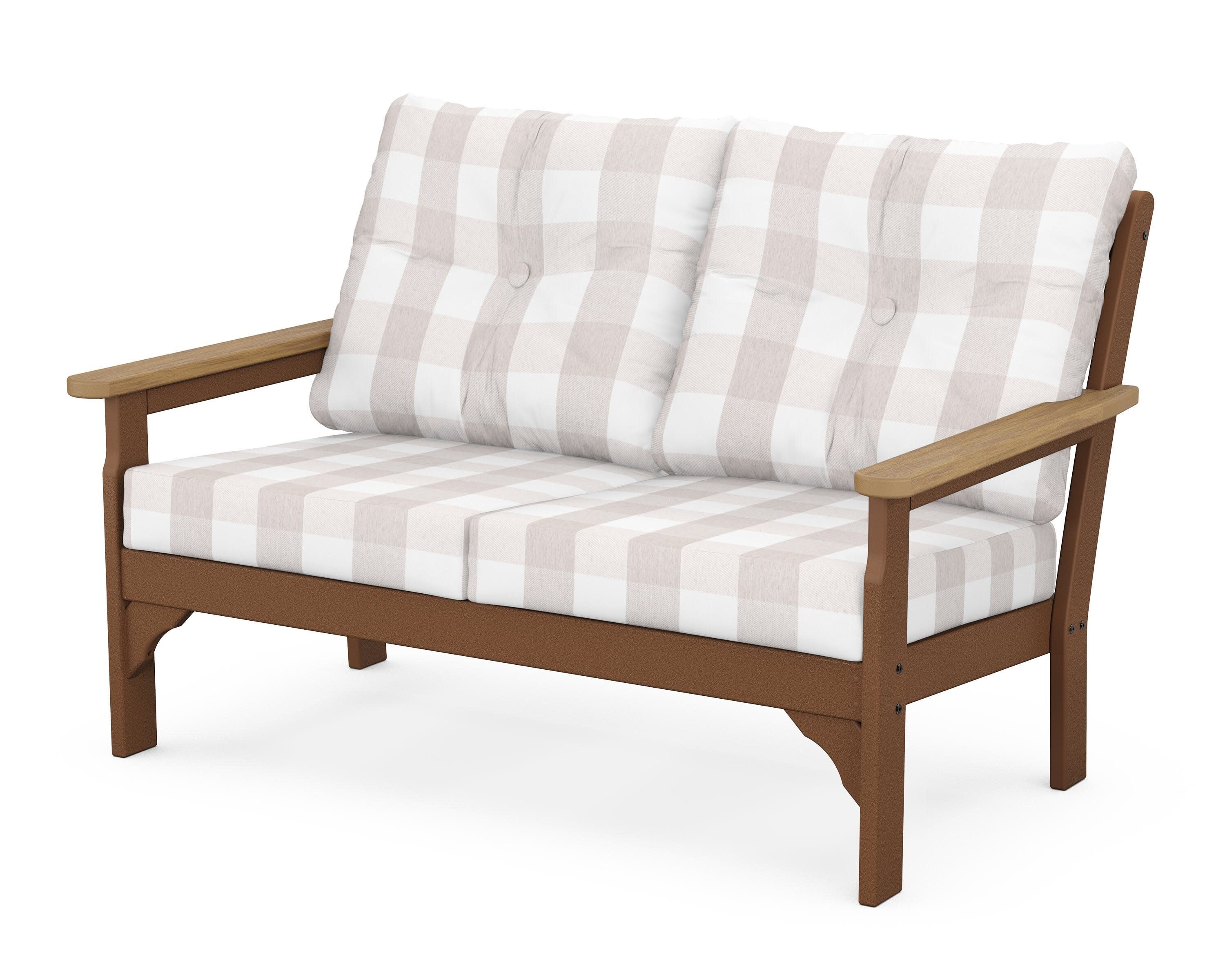 Vineyard Deep Seating Loveseat in Teak / Natural / Buffalo Plaid Dune Burlap