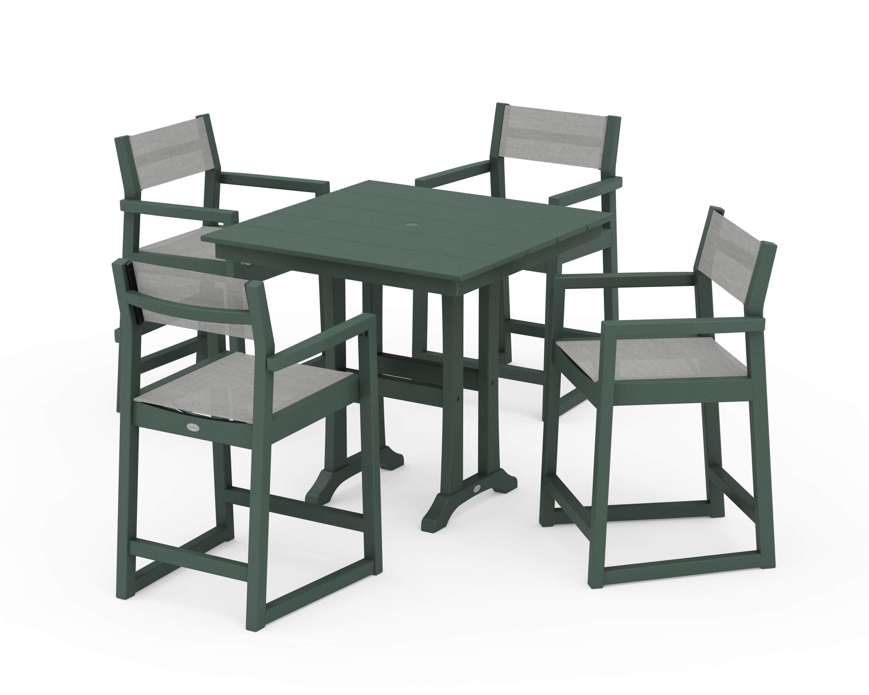 EDGE Sling Arm Chair 5-Piece Farmhouse Counter Set with Trestle Legs in Green / Metallic Sling