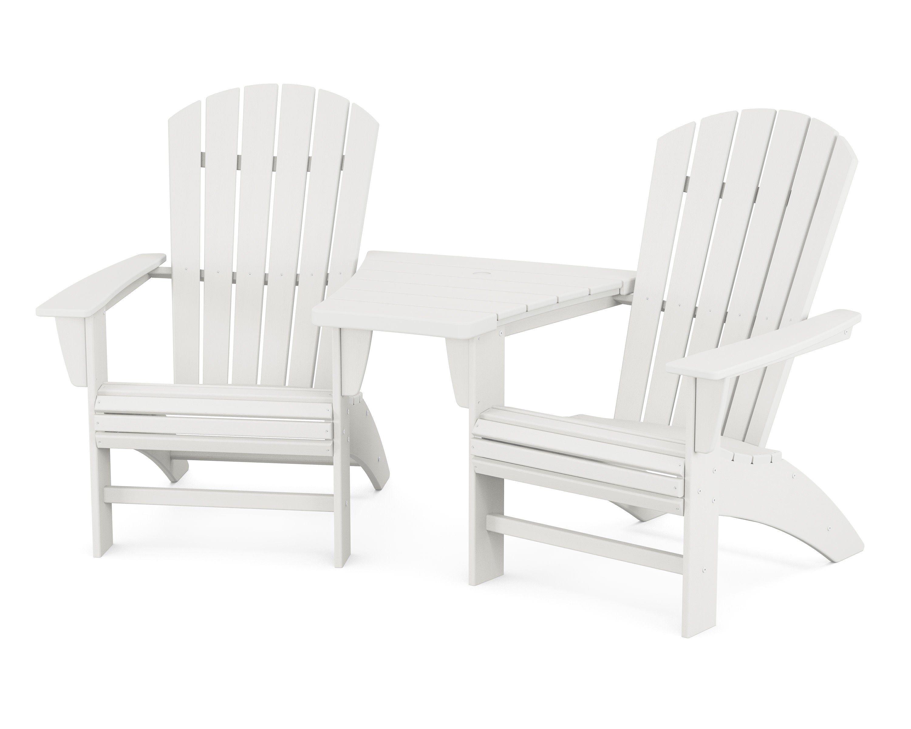 Nautical 3-Piece Curveback Adirondack Set with Angled Connecting Table in Vintage White