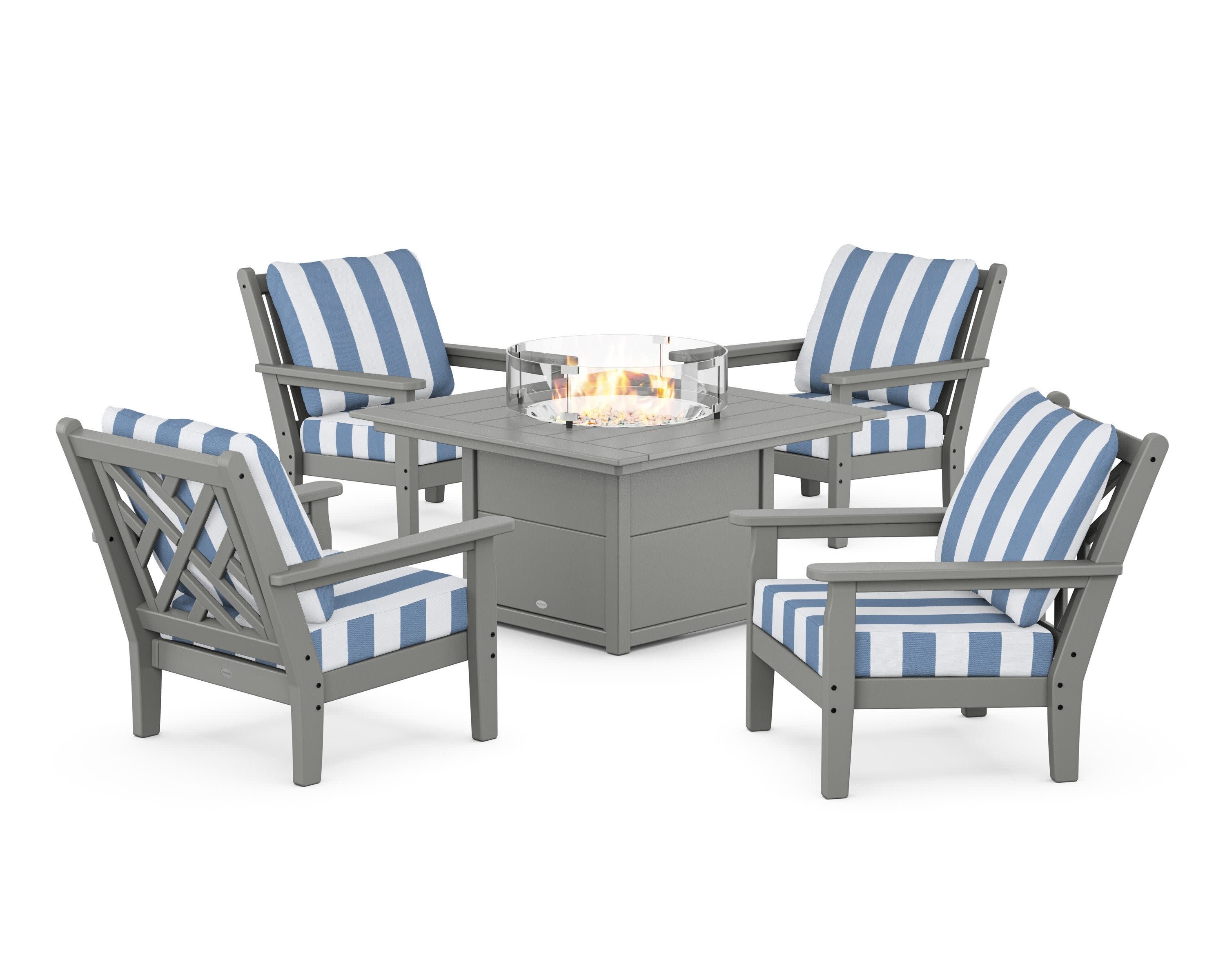 Chippendale 5-Piece Deep Seating Set with Fire Pit Table in Slate Grey / Cabana Stripe Sky Blue
