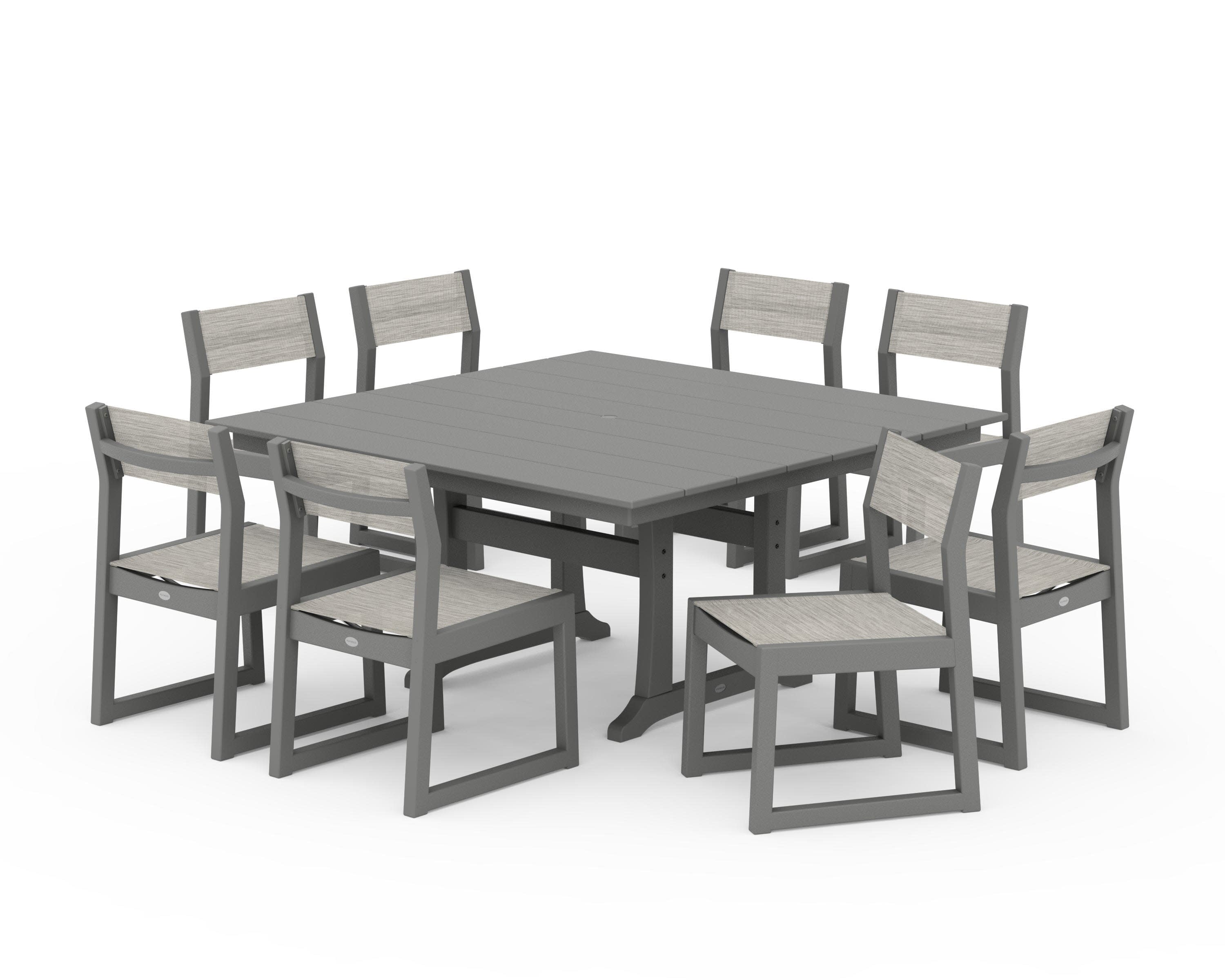 EDGE Sling Side Chair 9-Piece Farmhouse Trestle Dining Set in Slate Grey / Birch Sling