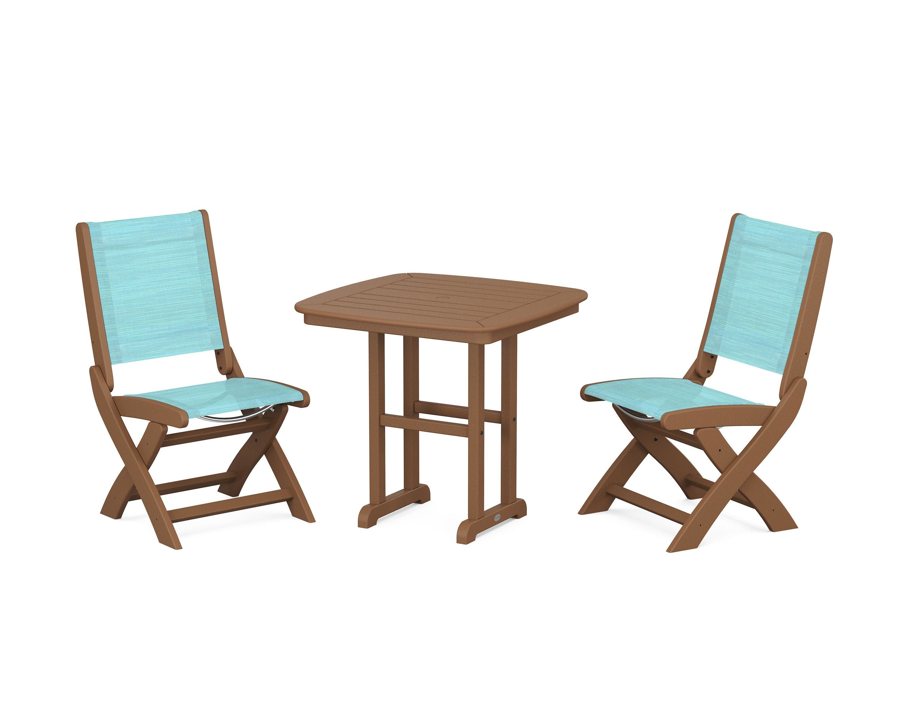 Coastal Folding Side Chair 3-Piece Dining Set in Teak / Dupioni Aquamarine Sling
