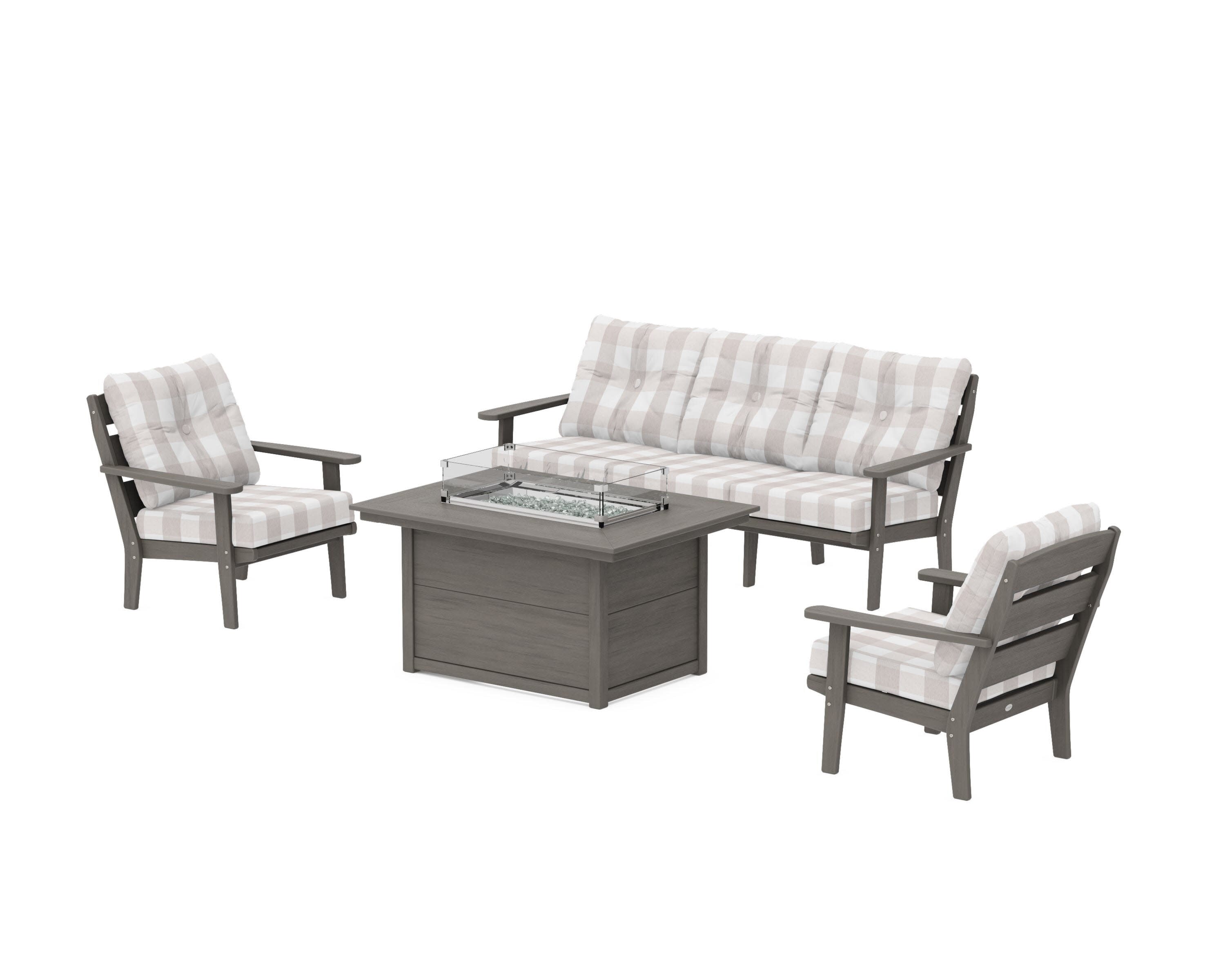 Lakeside Deep Seating Fire Pit Table Set in Driftwood / Buffalo Plaid Dune Burlap