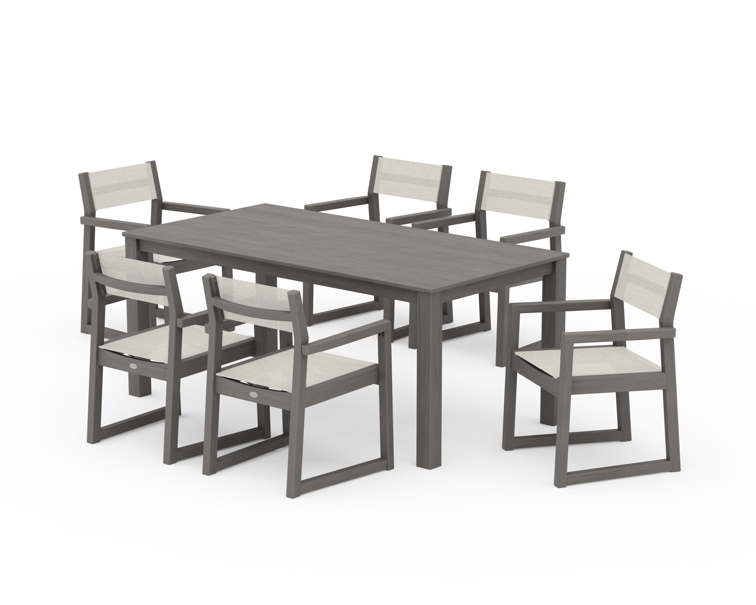 EDGE Sling Arm Chair 7-Piece Parsons Dining Set in Driftwood / Parchment Sling