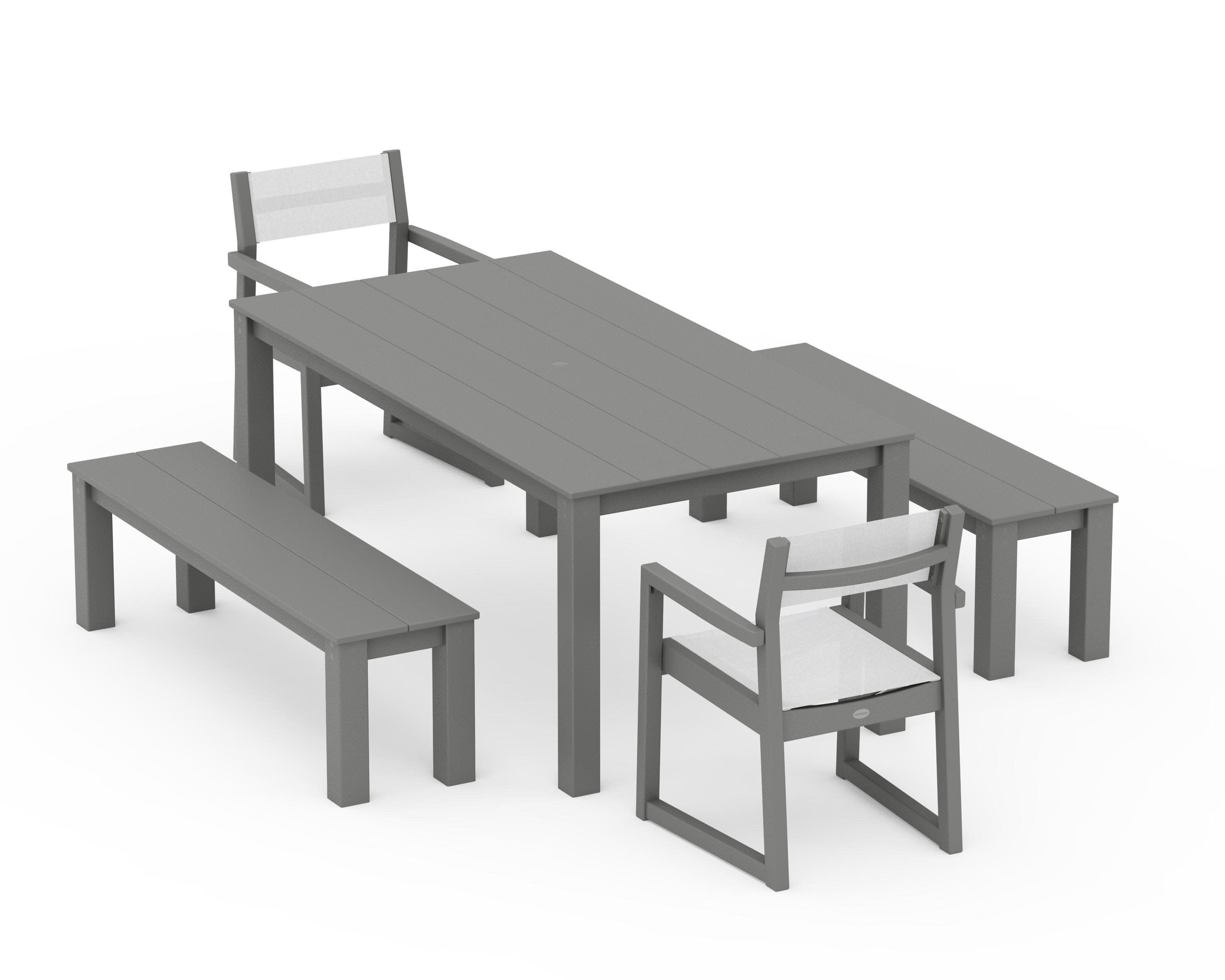 EDGE Sling Arm Chair 5-Piece Parsons Dining Set with Benches in Slate Grey / White Sling