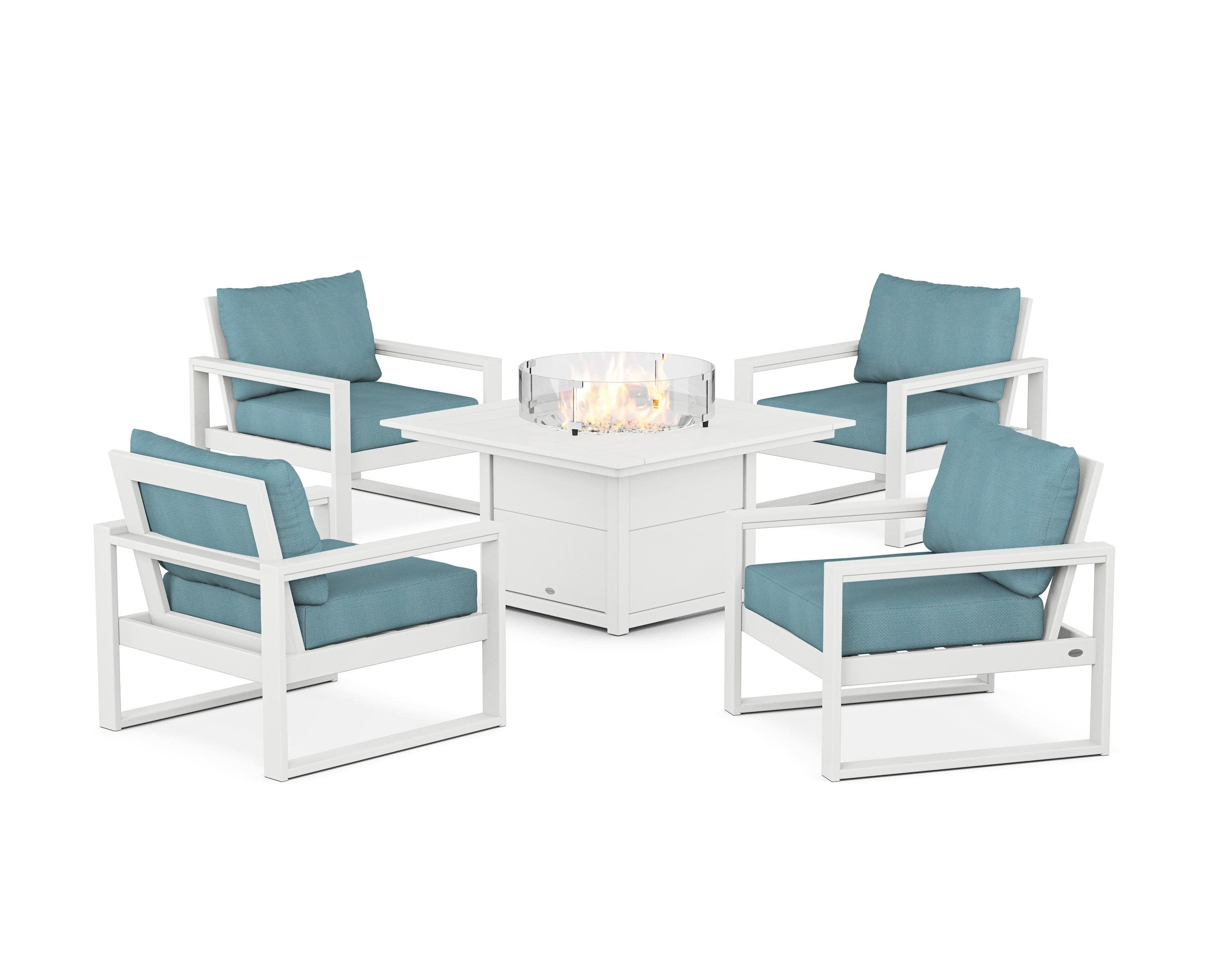 EDGE Sectional 5-Piece Deep Seating Set with Fire Pit Table in White / Lattice Sky Blue