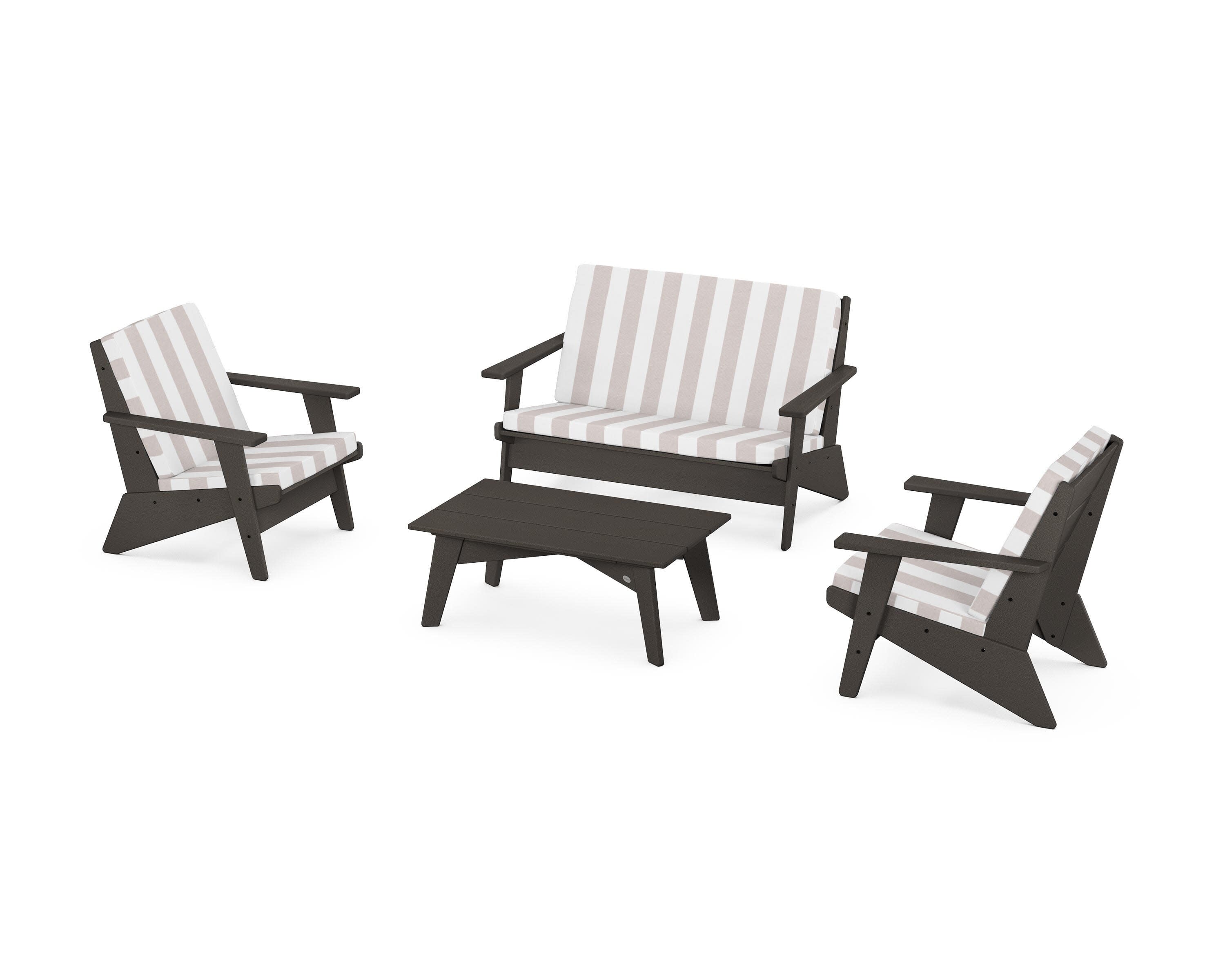 Riviera Modern Lounge 4-Piece Set in Vintage Coffee / Cabana Stripe Dune Burlap