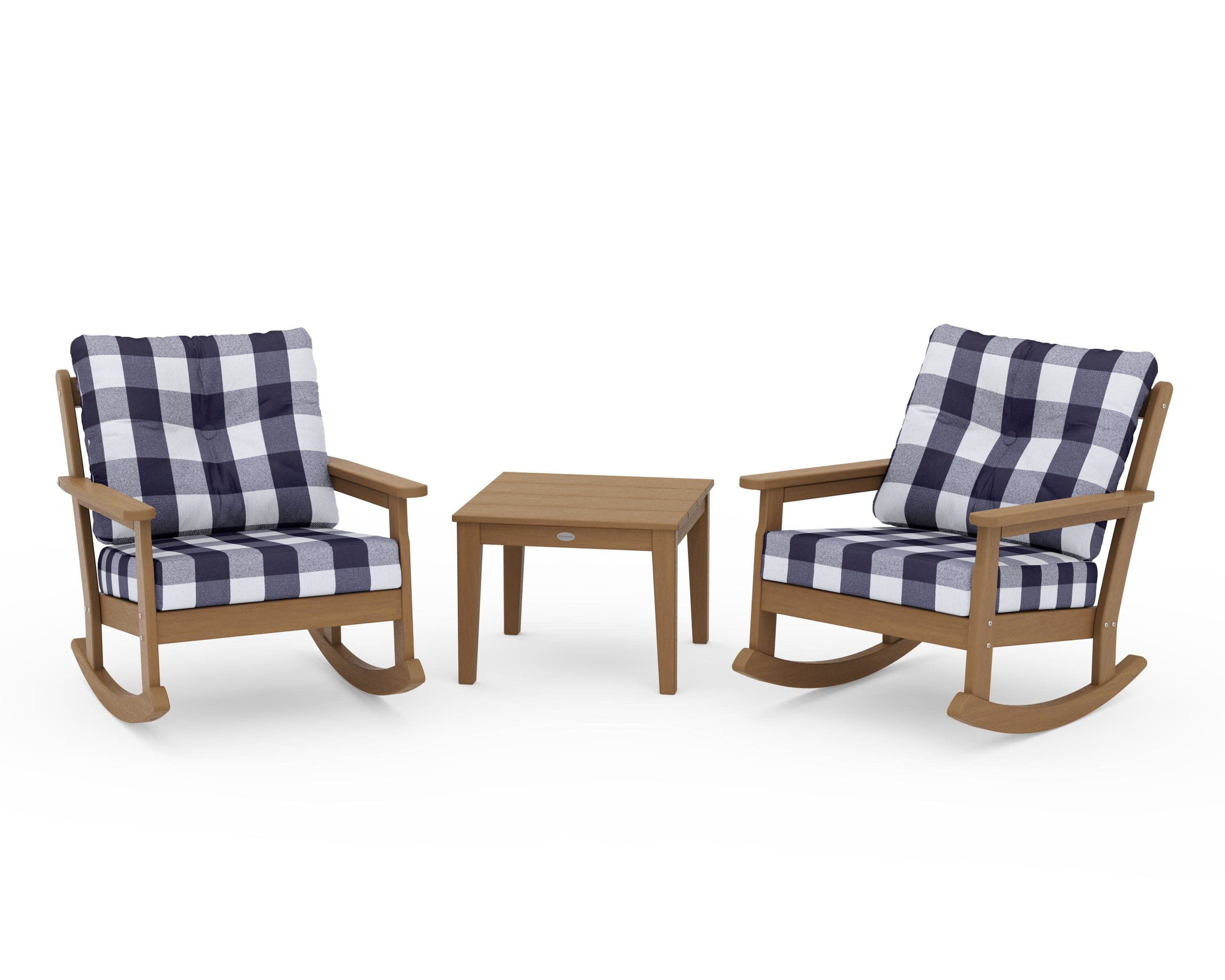 Vineyard 3-Piece Deep Seating Rocker Set in Natural / Buffalo Plaid Navy