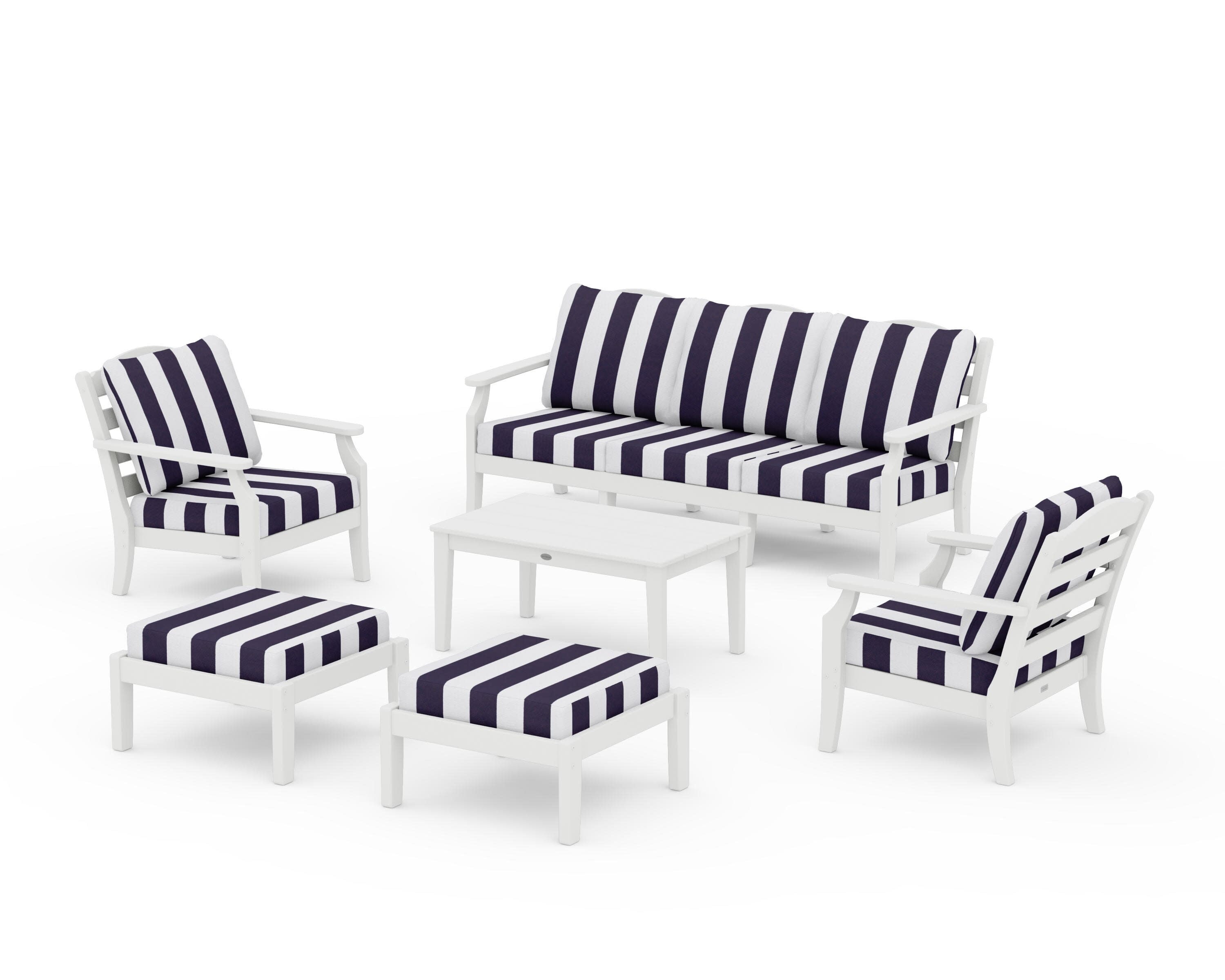 Savannah 6-Piece Lounge Sofa Set in Vintage White / Cabana Stripe Navy